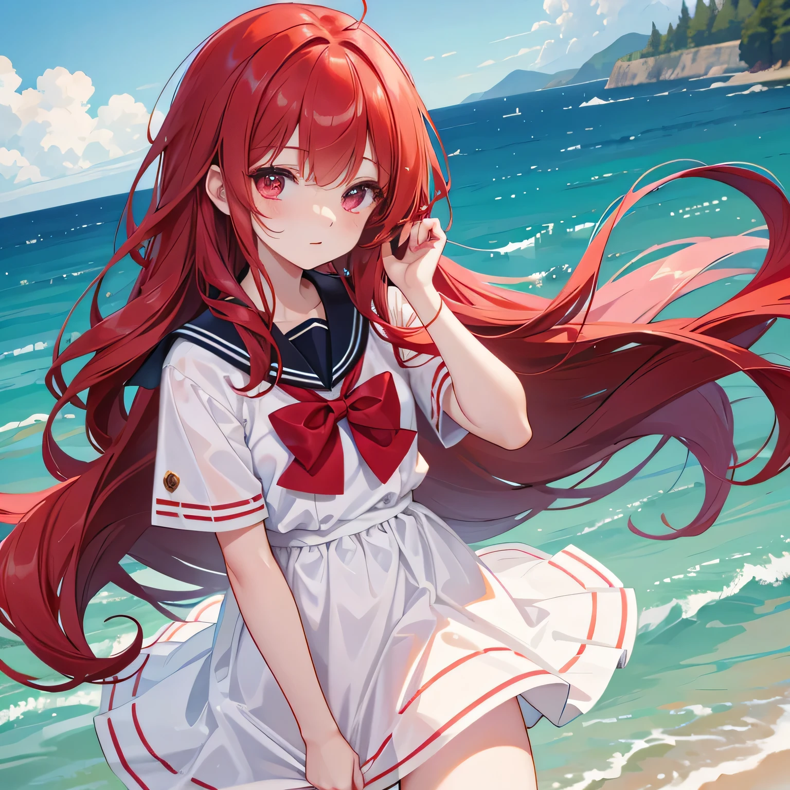 Red curly long hair girl in sailor suit talking