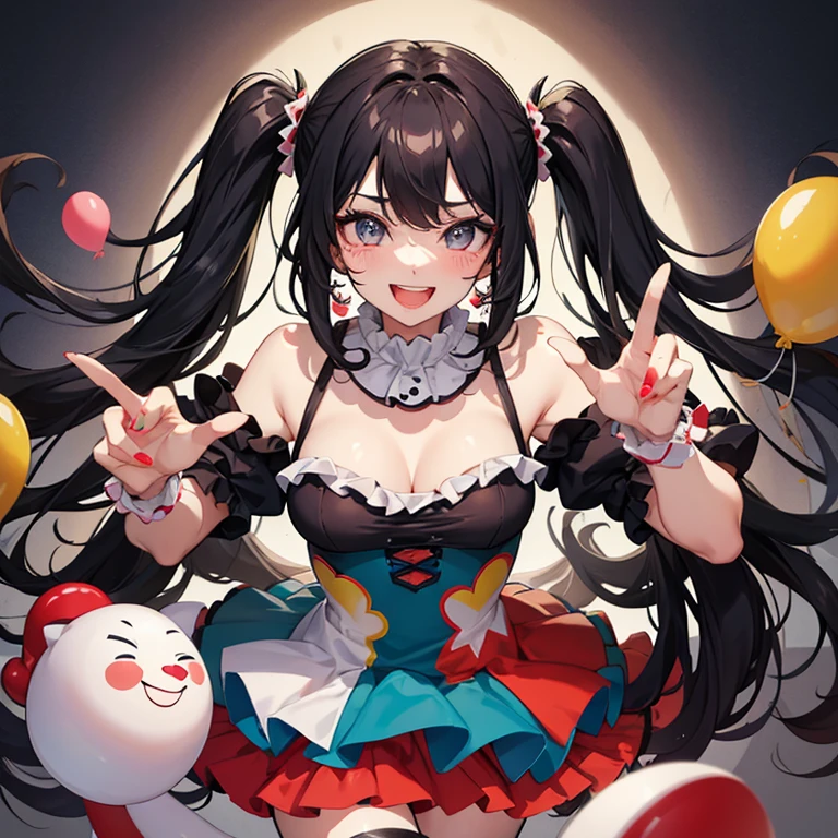 (masterpiece), (perfect hands), best quality, expressive eyes, perfect face, (one woman) with long curly black hair in high pigtails and bangs, wearing clown dress, cutesy character design, clown makeup, energetic pose, fun pose, smiling