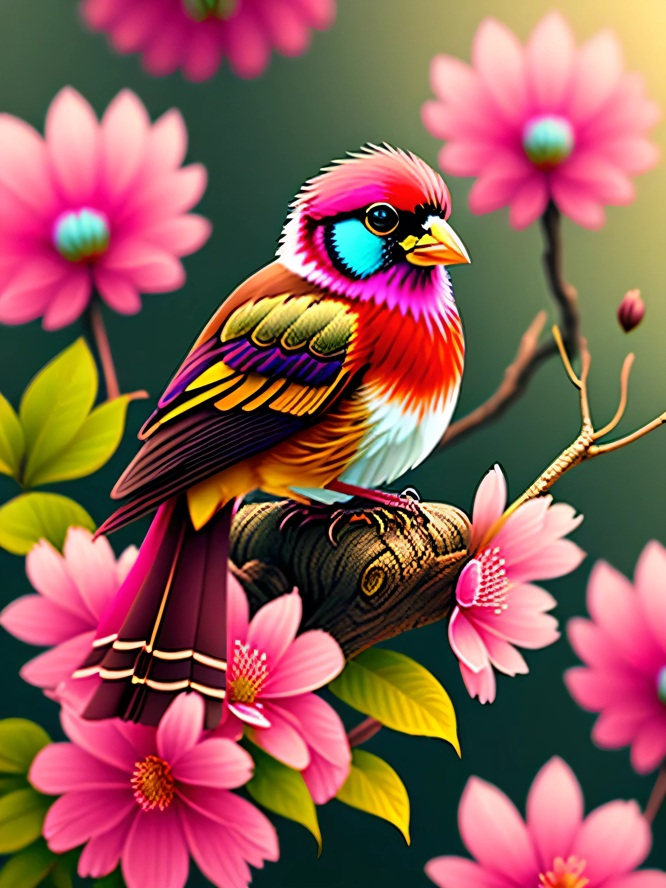 A bird perched on a branch with pink flowers, CGI art, Reddish yellow, hyperrealistic sparrows, pinterest, realistic art style, rich colors, AI generated image, highly detailed portrait, sing for you, breathtaking renderings