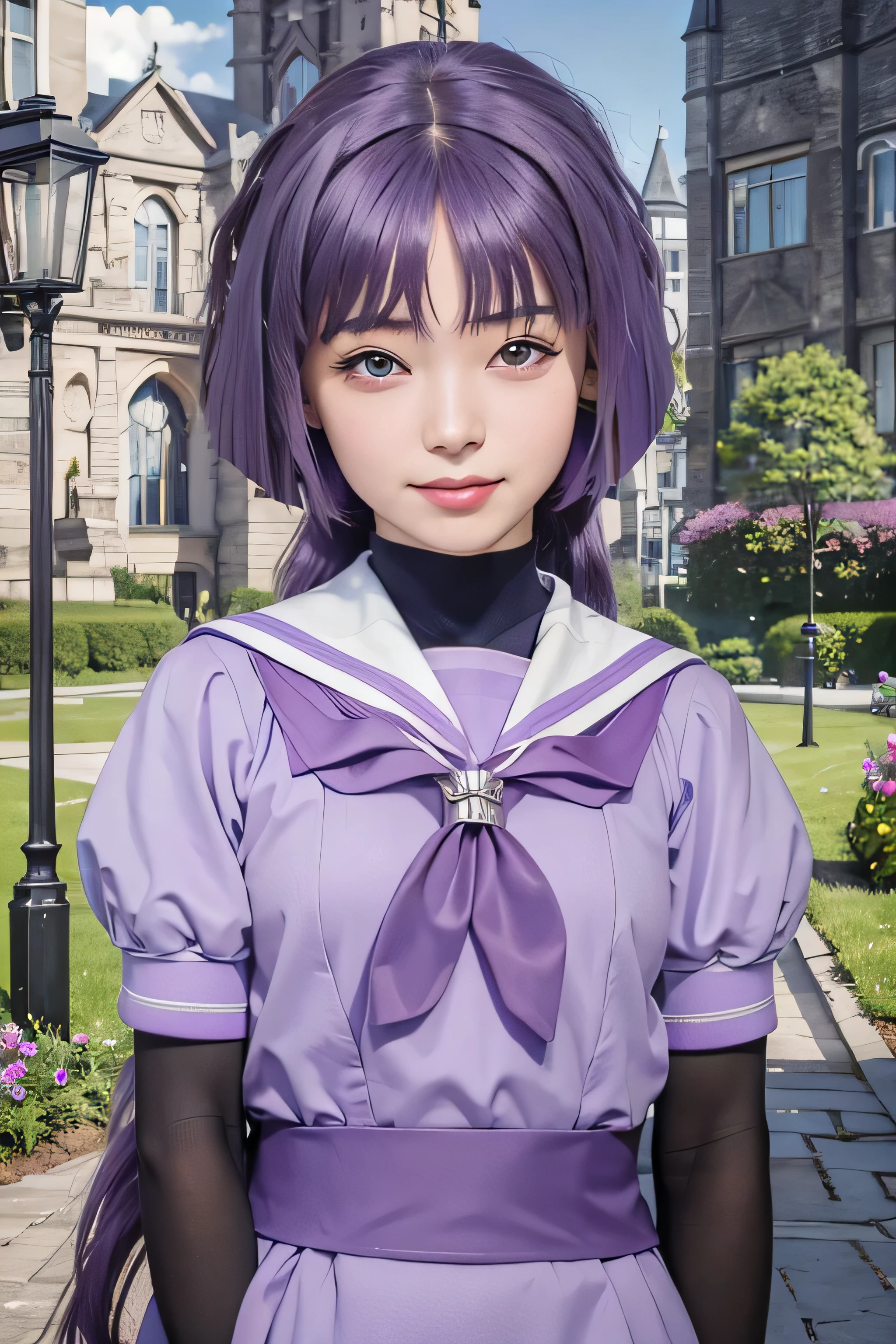 masterpiece, best quality, (realistic,photo-realistic:1.4), (RAW photo:1.2), extremely detailed CG unity 8k wallpaper, delicate and beautiful, amazing,finely detail, official art, absurdres, incredibly absurdres, huge filesize, ultra-detailed,extremely detailed eyes and face,light on face,sumire kakei,(little smile),(purple hair:1.4),(long hair:1.6),(sailor uniform:1.4),garden