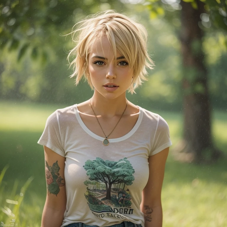 punk girl wearing a pale t-shirt, blurred green grass and trees in the background, short blonde hair, cowboy shot, high quality, high resolution, hot and sweaty, wet, panting, alice