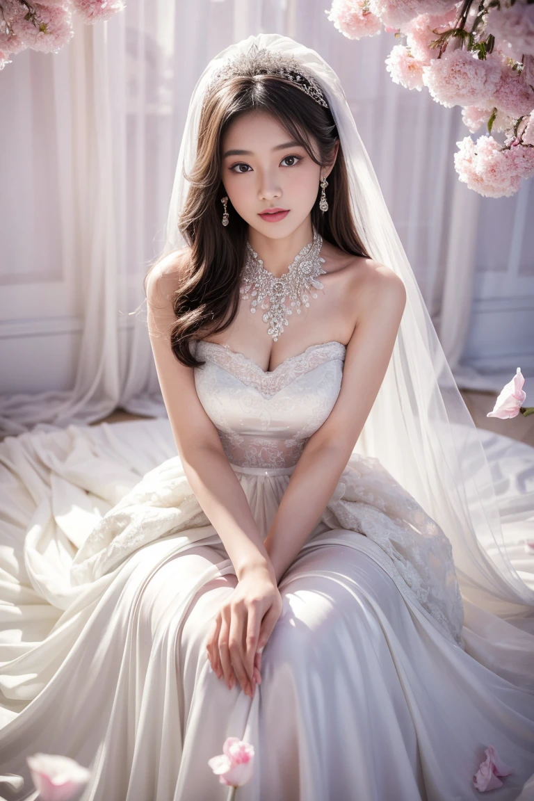 (best quality,high resolution,ultra-detailed),1 girl,asian girl,white wedding dress,(Between the petals),fantasy style,soft light,detailed,dreamy colors,elegant posture
