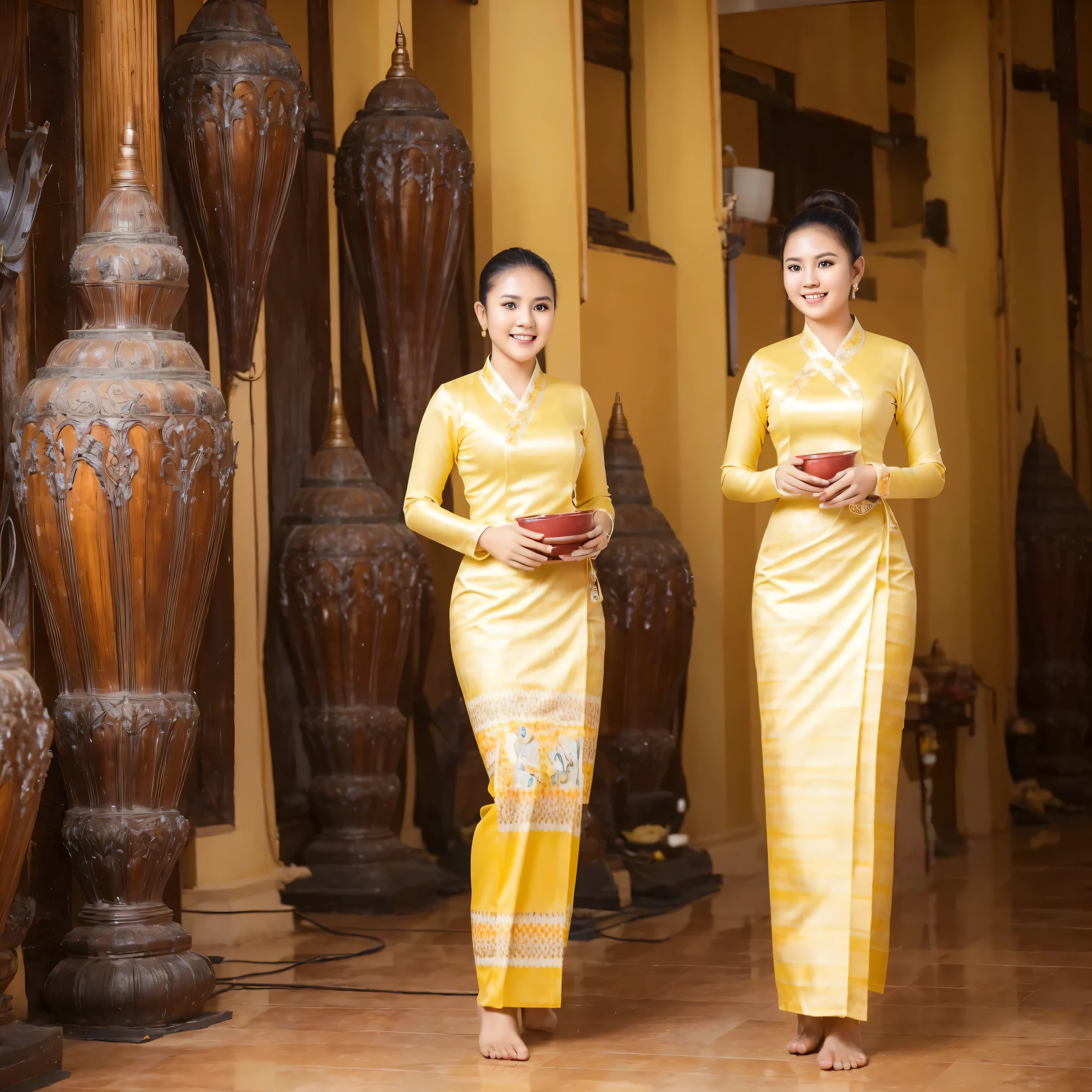 A Burmese girl's whole fully body viewed portrait picture, wearing a yellow color burmese (Myanmar) traditional dress, blouse and longgyi. Her body curves are beautiful. She hold a bowl with both hands. The camera is full body front view.