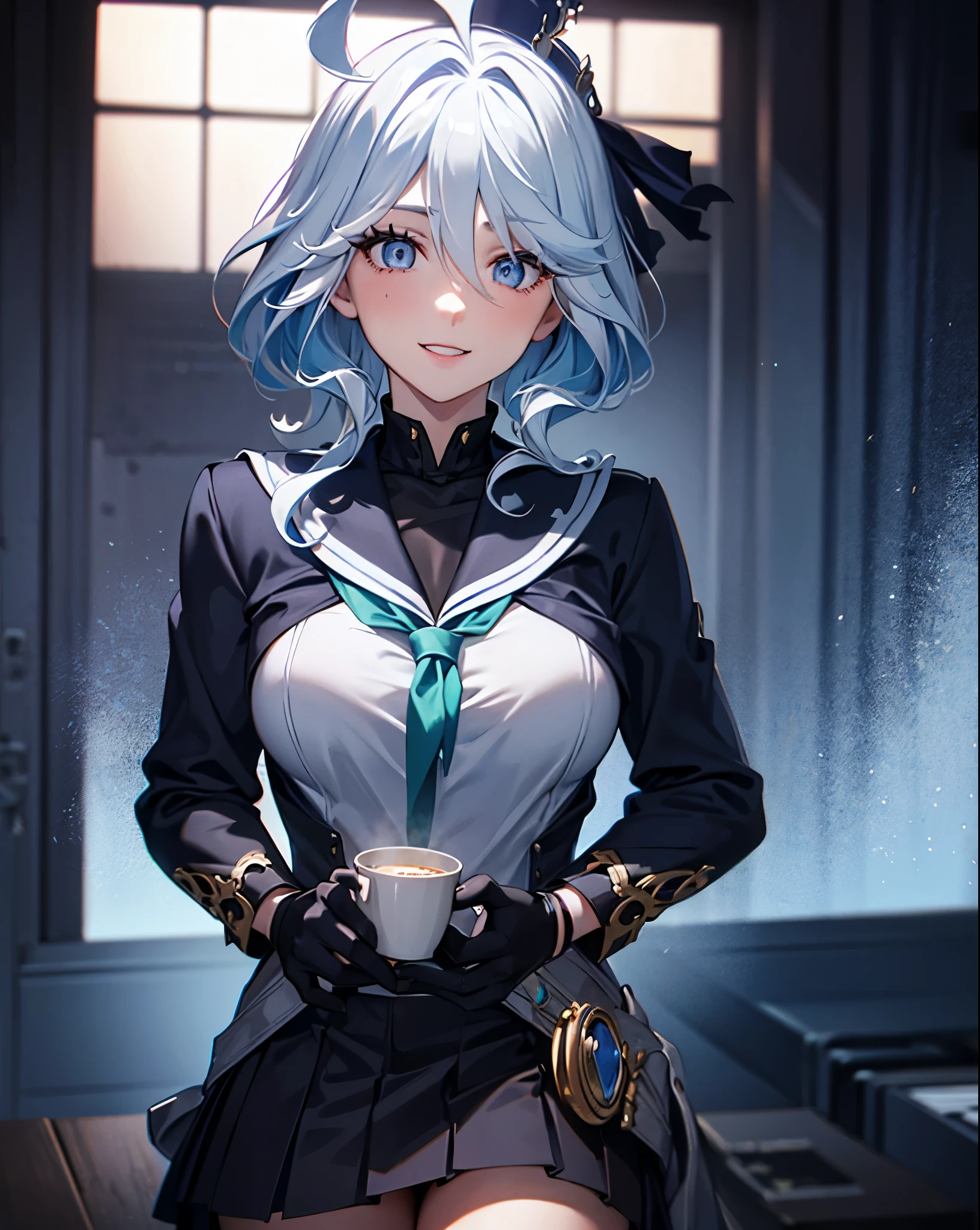 deep skin,textured skin, blue eyes, short light blue hair, smiling,
BREAK  (serafuku, sailor collar, green neckerchief, grey shirt, long sleeves, black skirt:1,2)
BREAK (masterpiece:1.2), best quality, high resolution, unity 8k wallpaper, (illustration:0.8), (beautiful detailed eyes:1.6), extremely detailed face, perfect lighting, extremely detailed CG, (perfect hands, perfect anatomy),