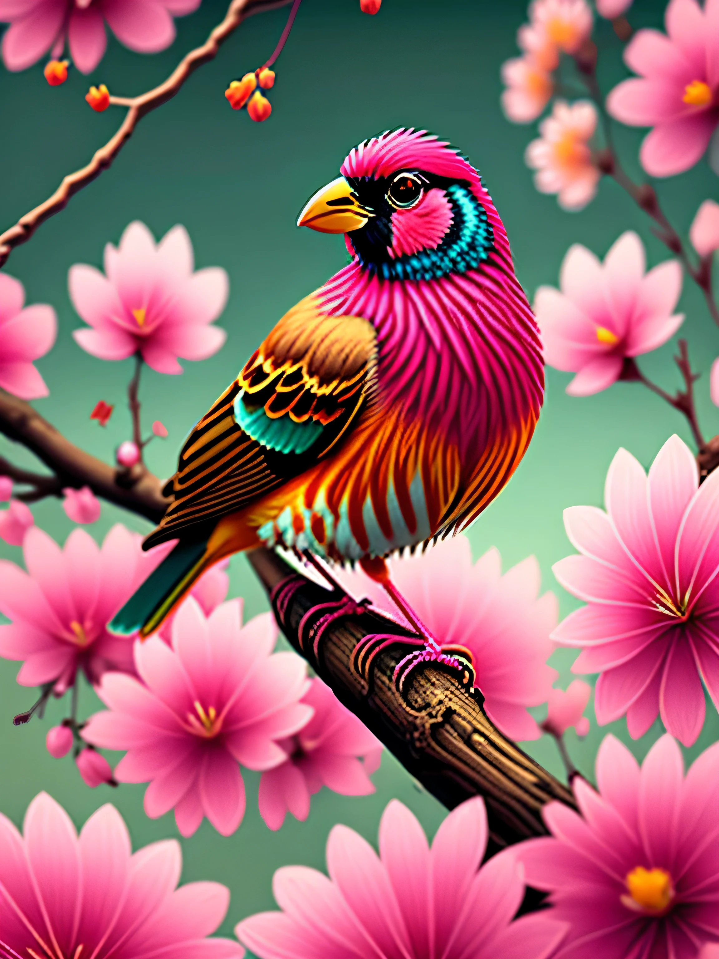 A bird perched on a branch with pink flowers, CGI art, Reddish yellow, hyperrealistic sparrows, pinterest, realistic art style, rich colors, AI generated image, highly detailed portrait, sing for you, breathtaking renderings