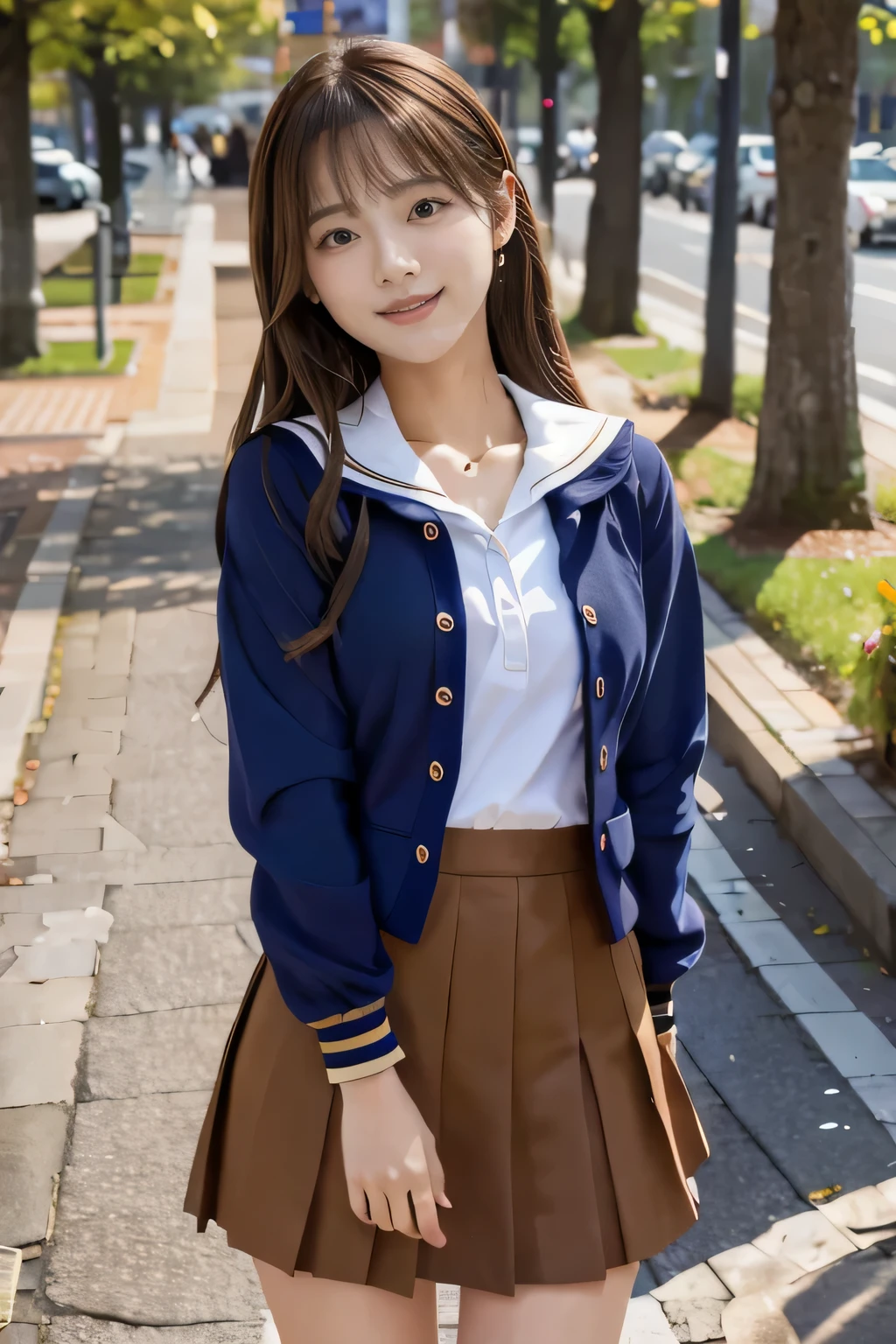 masterpiece, highest quality, Photoreal, Super detailed, finely, High resolution, 8k wallpaper, Professional, Advanced level of detail, ((One high school girl:1.2)), (Well-balanced body size:1.2)、Slender Japanese women,, detailed clavicle, Medium chest、perfect face, (Front facing:1.2)、medium hair, chestnut hair、(school uniform:1.5)、(navy blue sailor suit:1.2)、(mini skirt:1.2)、cute face、(looking straight ahead:1.5)、(brown skin:1.5)、full body shot、(big smile:1.5)