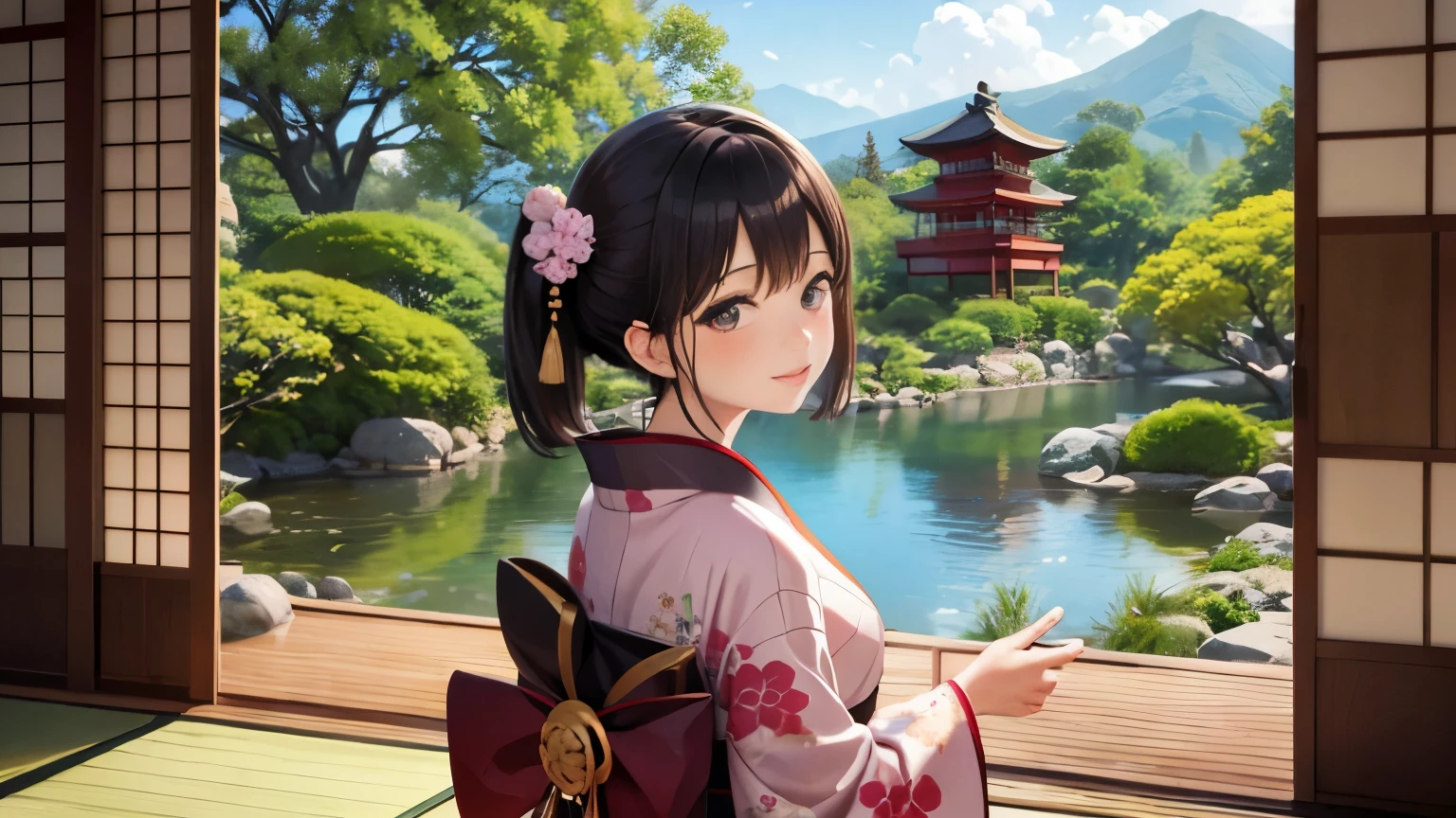Japanese garden、kimono、woman