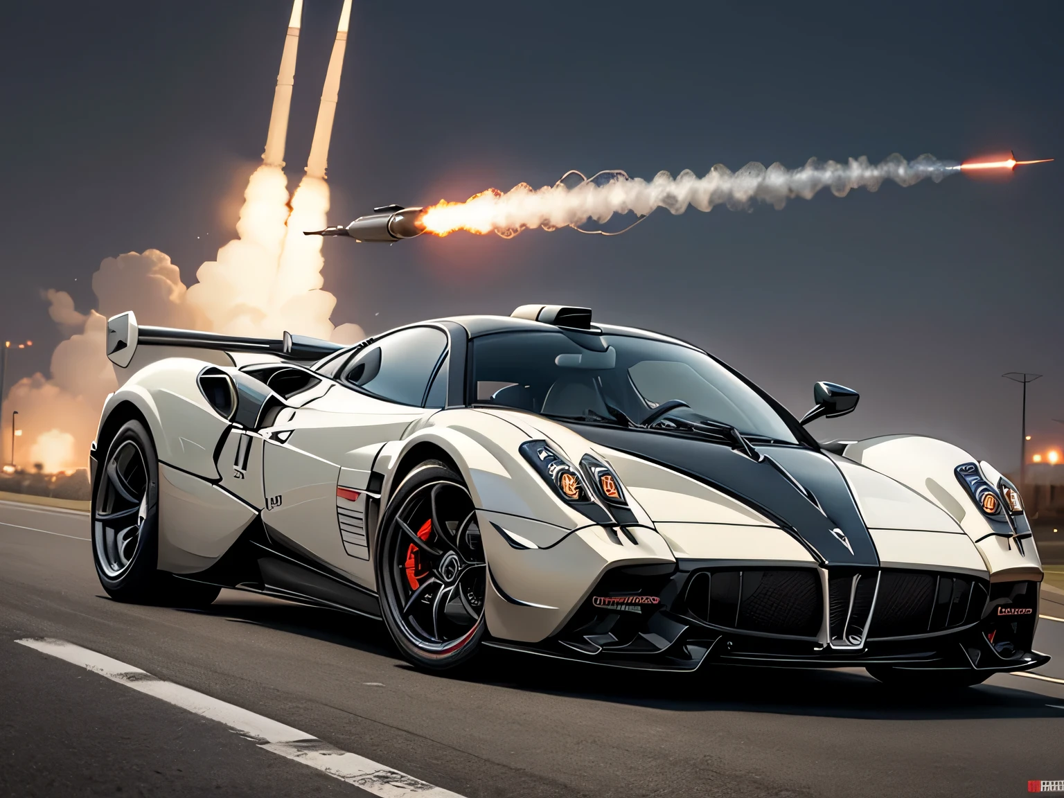 (((A car with a small missile and machine gun))), ((high quality)), ((master piece)), (((full shot)), ((pagani huayra)), ((red car body)), ((full shot)), ((morning)), (((M249 light machine gun))),