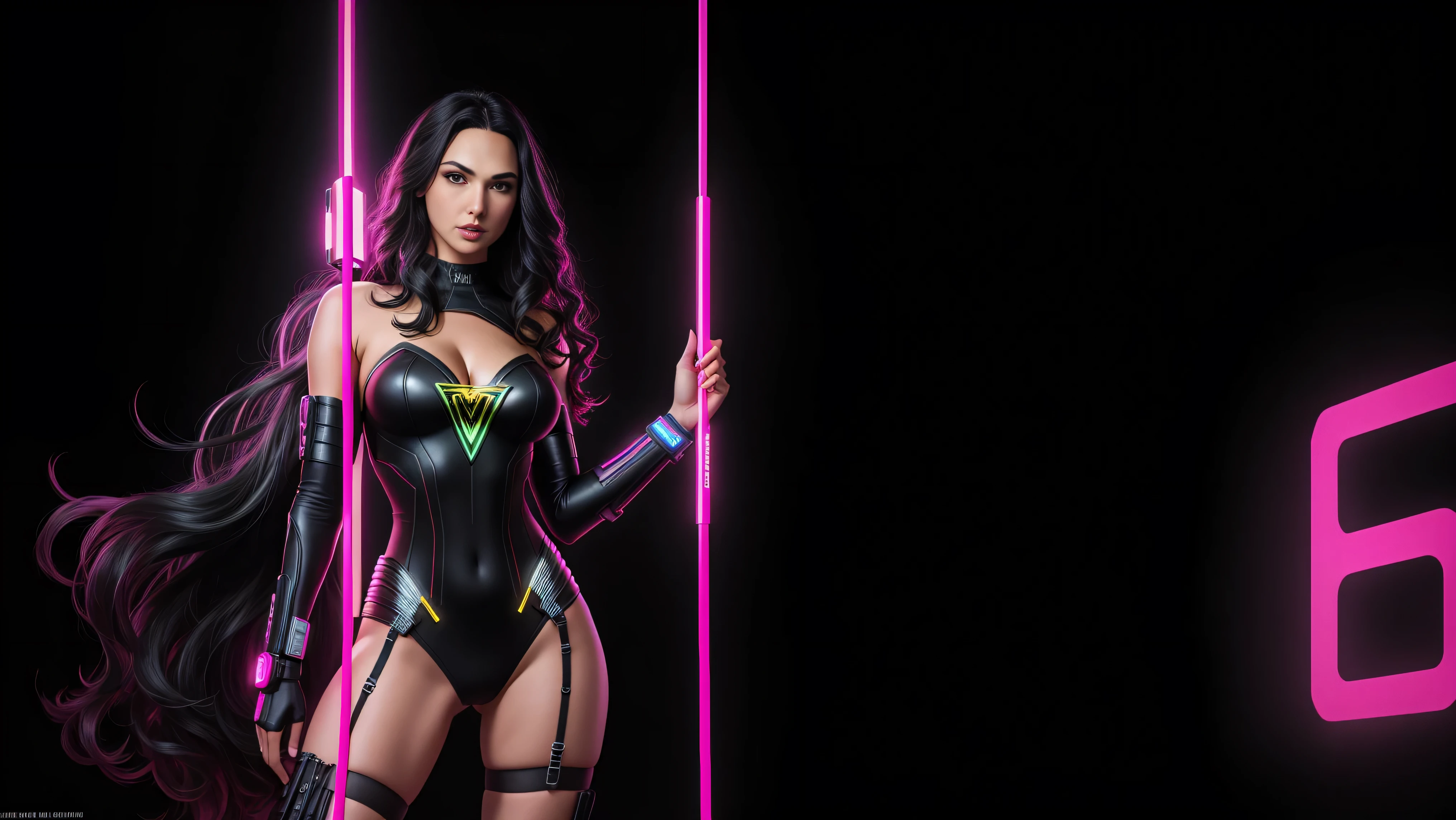 there is GAL GADOT standing, long hair, 3 d neon art of a womans body, neon-noir background, cyberpunk femme fatale, seductive cyberpunk dark fantasy, cyberpunk strip clubs, cyberpunk 20 y. o model girl, oppai cyberpunk, banner, high definition cgsociety, cgsociety masterpiece, trending on cgstation, kda, random hair, looking at camera, gigantic breasts, cleavage, (high detailed skin:1.2), 8k uhd, dslr, super lighting, high quality, film grain, high res, highly detailed, hyper realistic, beautiful face, beautiful body, beautiful eyes nose lips, alluring expression, very bold, upper  visible, full body photo, standing legs apart, pale translucent glowing skin, most beautiful face, cute, (well defined pubic hair:1.2)), (dark plain black background:1.4))