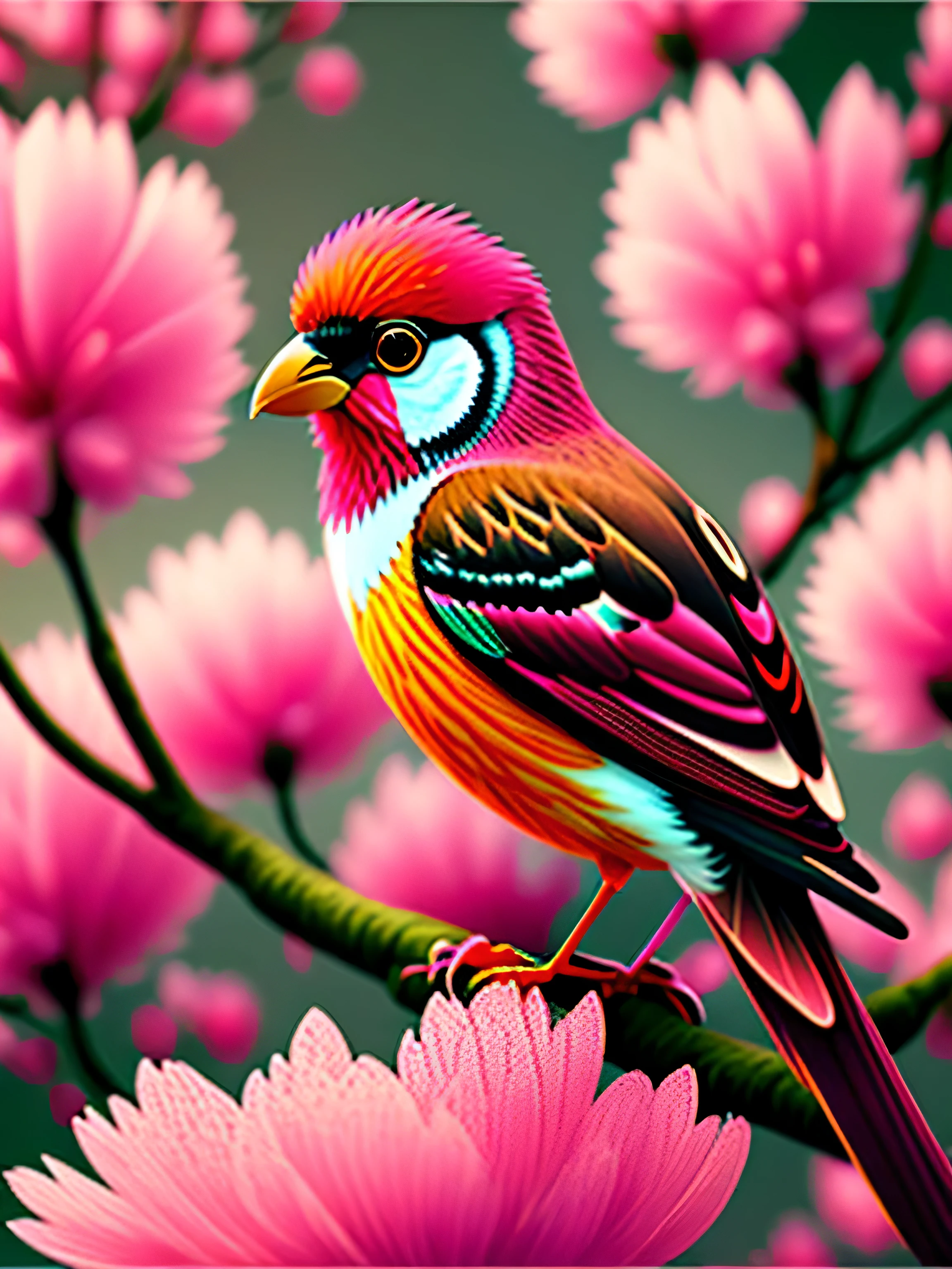 A bird perched on a branch with pink flowers, CGI art, Reddish yellow, hyperrealistic sparrows, pinterest, realistic art style, rich colors, AI generated image, highly detailed portrait, sing for you, breathtaking renderings