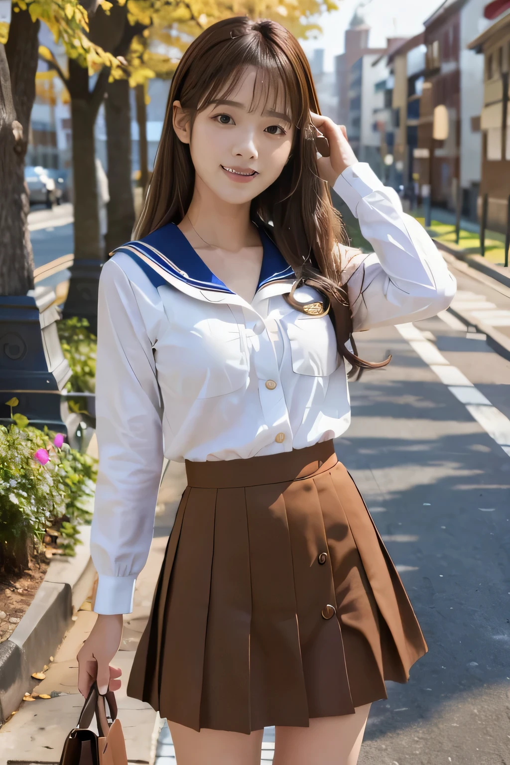masterpiece, highest quality, Photoreal, Super detailed, finely, High resolution, 8k wallpaper, Professional, Advanced level of detail, ((One high school girl:1.2)), (Well-balanced body size:1.2)、Slender Japanese women,, detailed clavicle, Medium chest、perfect face, (Front facing:1.2)、medium hair, chestnut hair、(school uniform:1.5)、(navy blue sailor suit:1.2)、(mini skirt:1.2)、cute face、(looking straight ahead:1.5)、(brown skin:1.5)、full body shot、(big smile:1.5)