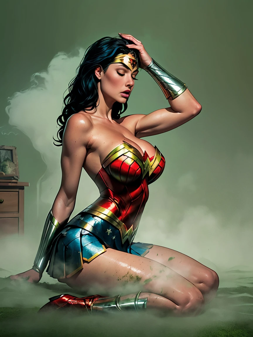 1girl, (wonder woman) , blue skirt, big breast, side view, look to down, head low, eyes closed, (sitting on the floor, scared, spread leg, hand on head, hand rise on:1.2), (green fog in the room, green fog effect, green fog:1.2), (abandoned room, dusty, creepy, dirty wall background, night), comic style,