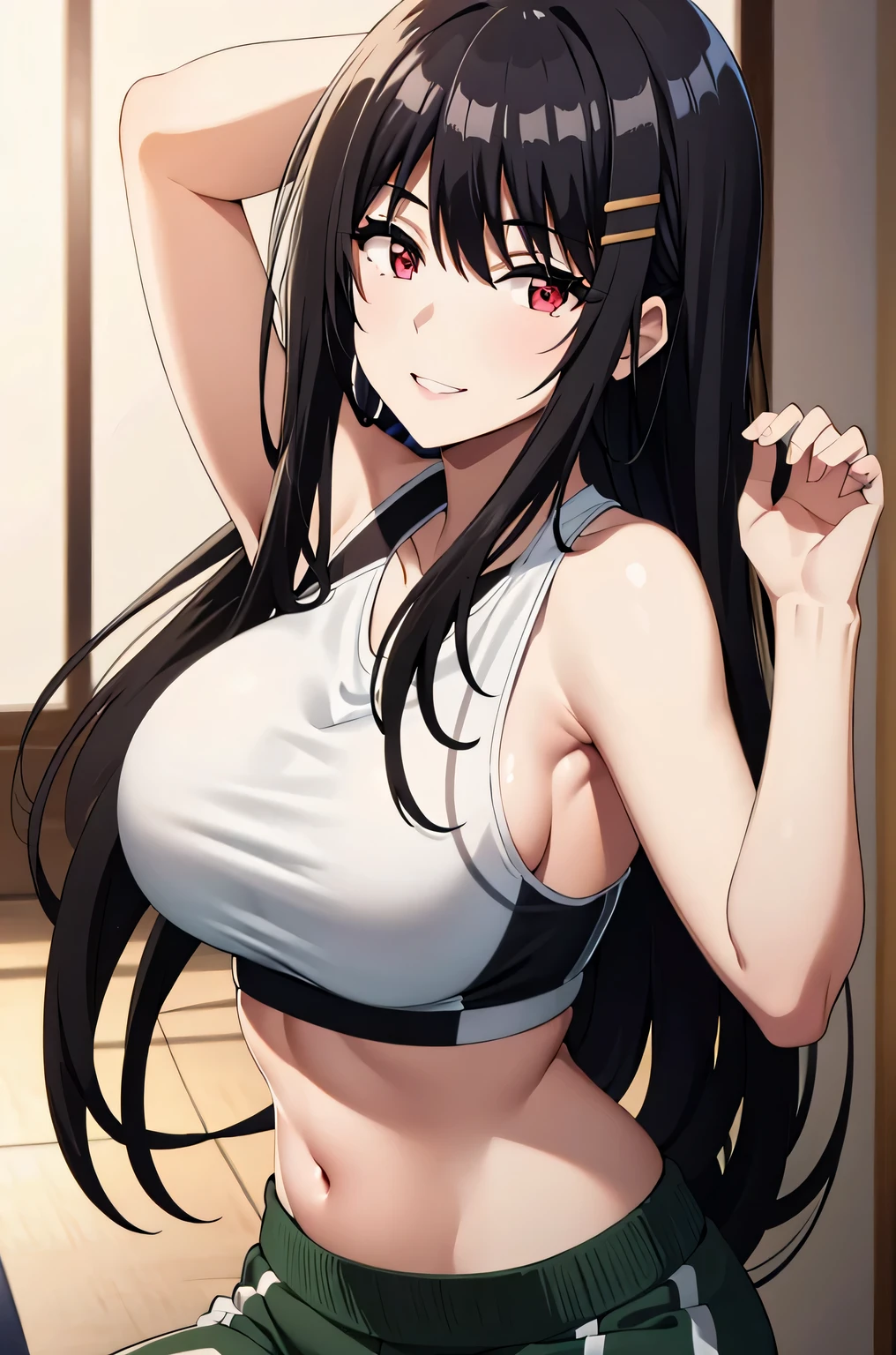 (masterpiece:1.0),(best_quality:1.0), ultra high res,4K,ultra-detailed, photography, 8K, HDR,bangs, black hair,hair ornament, hairclip, long hair, red eyes,large breast,,masterpiece, best quality, photorealistic, yujiasuit, yoga sports bra, yoga pants, 1girl, solo, , yoga ball, pants, looking at viewer, smile, green sports bra, simple background, , midriff, long hair, breasts, green pants, sportswear, tank top, upper body,
