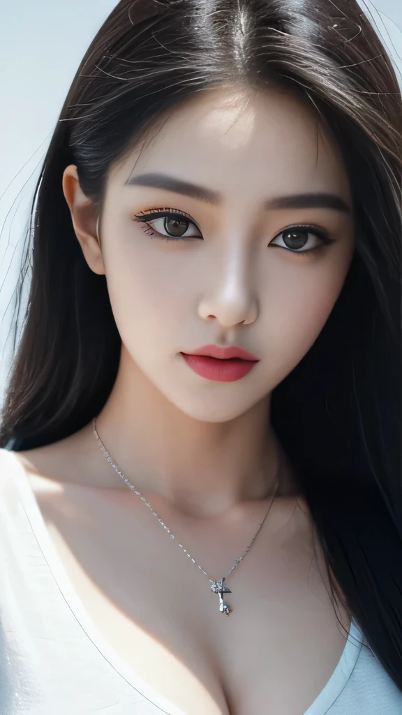 In this exquisite masterpiece, the best quality is achieved with a SuperClear, High-Definition picture that captivates the viewer. Set against a pure white background, the lighting effects enhance the beauty of the scene. The focus is on the front solo of the stunning Kim Ji-ni Jennie's face, with her expressive eyes drawing you in. She wears a black ball necklace that perfectly complements her attire, a black pale green T-shirt. The hint of cleavage adds a touch of allure, making this picture a true work of art.