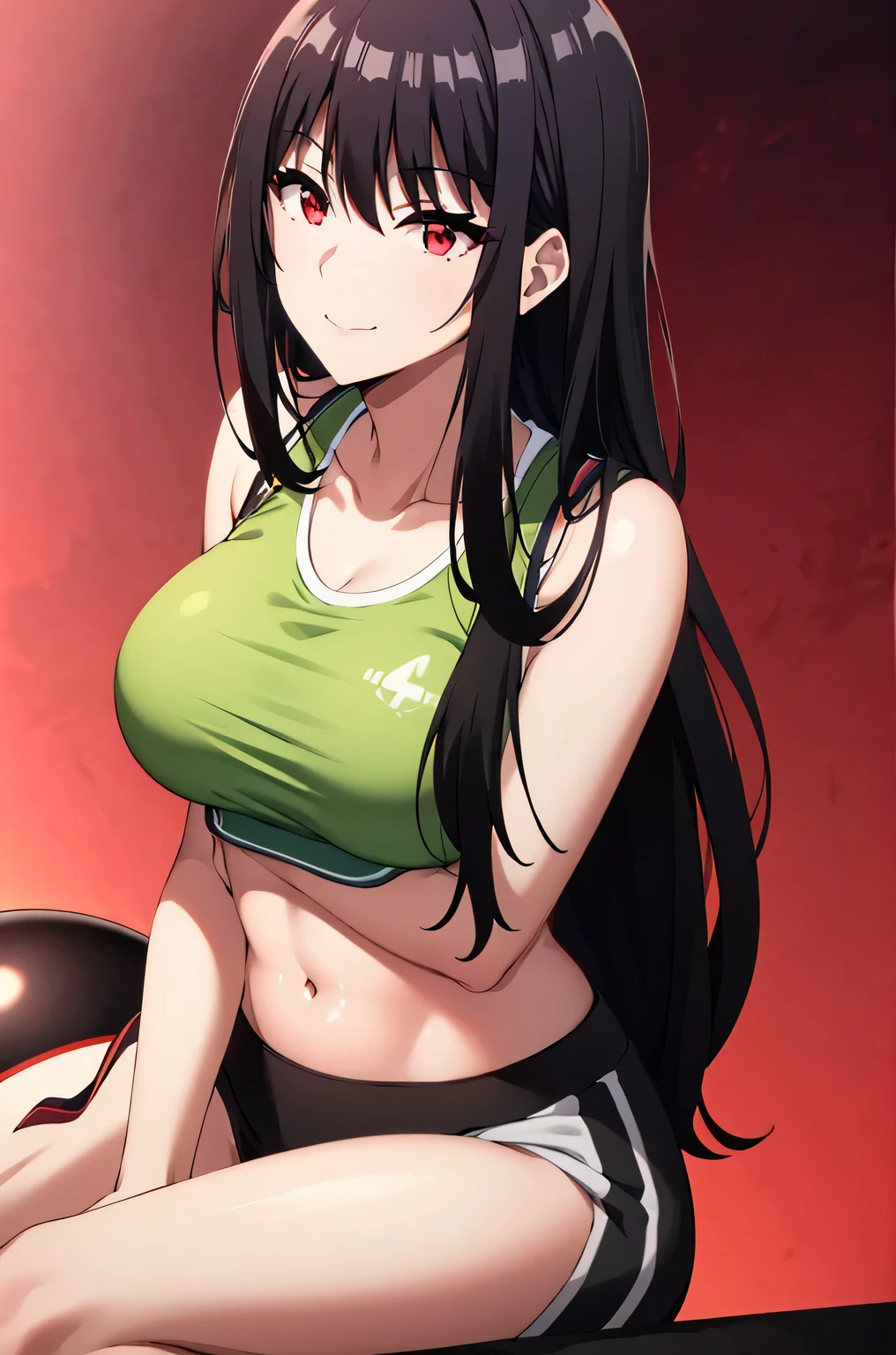 black hair,red eyes,masterpiece, best quality, photorealistic, yujiasuit, yoga sports bra, yoga pants, 1girl, solo, , yoga ball, pants, looking at viewer, smile, green sports bra, simple background, , midriff, long hair, breasts, green pants, sportswear, tank top, upper body,
