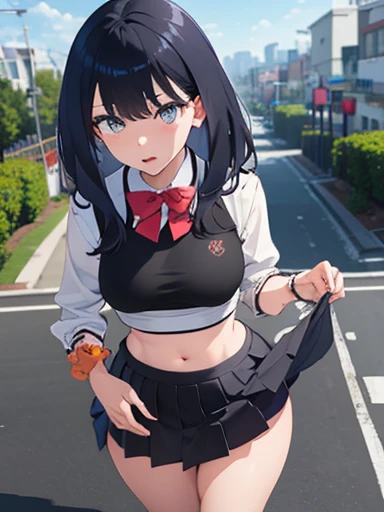 1girl, breasts, tight shirt, croptop, crop top, perfect quality, good quality, masterpiece, HDR, UHD,view from above, street, public, ahegao, short skirt, skirt lift, lifting skirt, rikka takarada