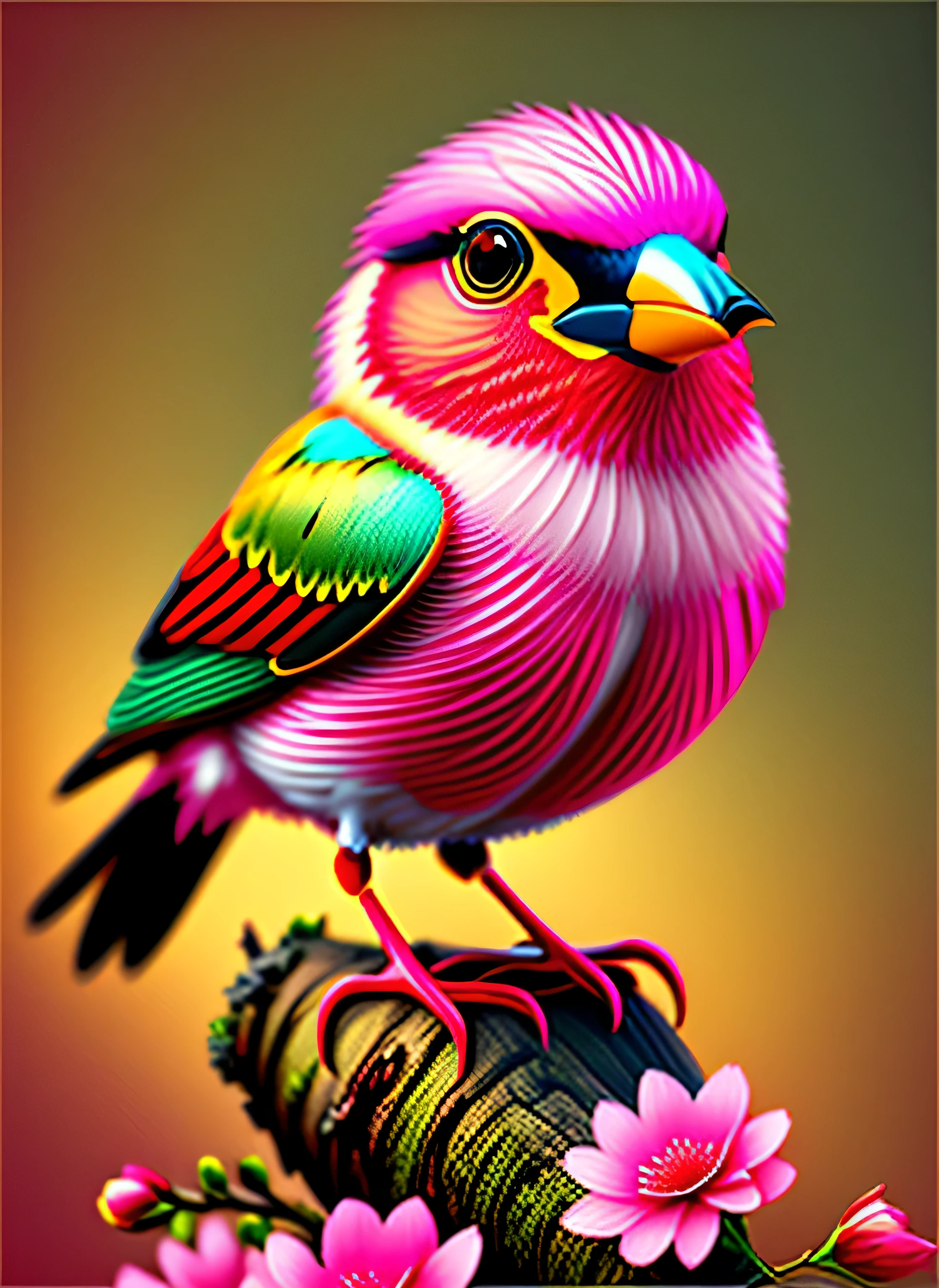 pink flowers, CGI art, Reddish yellow, Surreal Sparrow, pinterest, photorealistic art style, rich colors, AI generated image, highly detailed portrait, A bird perched on a branch singing for you, breathtaking renderings