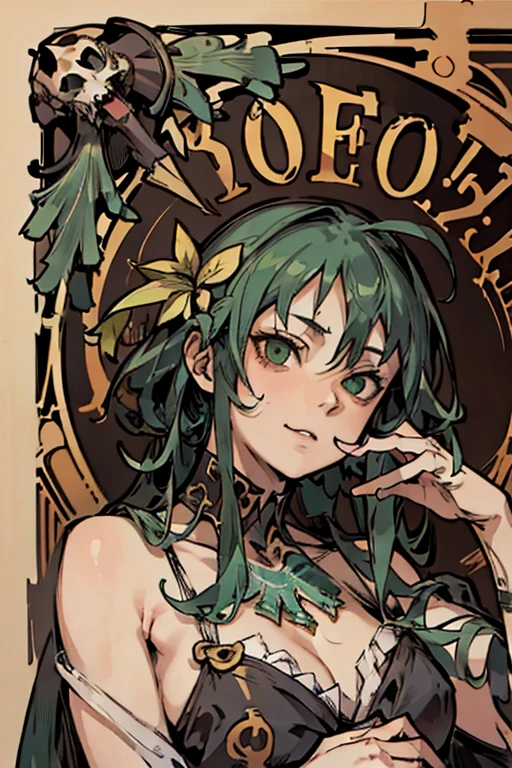 (masterpiece), (High resolution), (overtake繊細),,(Horror elements), bust up,((Alphonse Mucha 1.5))、green hair、overtake々long hair、(background：cemetery、Skeleton decoration)