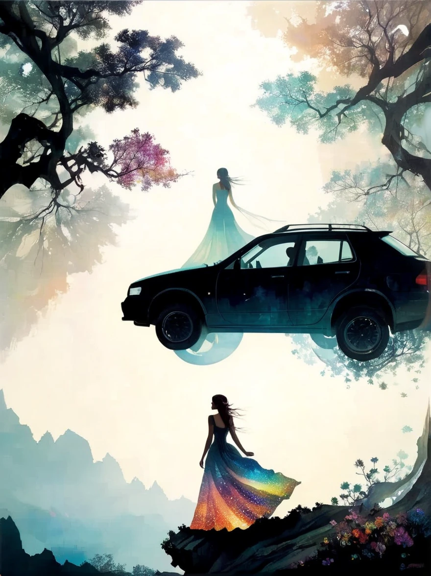 Futuristic utopia, Adventure, Aether, Kraken, Car, Nebula, Verdant, Canvas, Spontaneous Human Combustion, Voyage, Lovely, Grateful [:vintage cars:15], (Double exposure:1.3) photo of a noble lady made of mosaic of iridescent crystal glass with sub scattering mirror surface imposing onto transparent tree hollow trunk in living brocade underbust dress made out of flowers, bokeh sky by Peter Gric, Conrad Roset, Brandon Kidwell, Andreas Lie, Dan Mountford, Dan Witz, Agnes Cecile, Jeremy Mann, fine art, super dramatic moonshine, silhouette photo illustration, amazing depth, intricate detailed fine cracked surface, stunning atmosphere, mesmerizing whimsical vibrant scenery, complex masterwork by head of prompt engineering