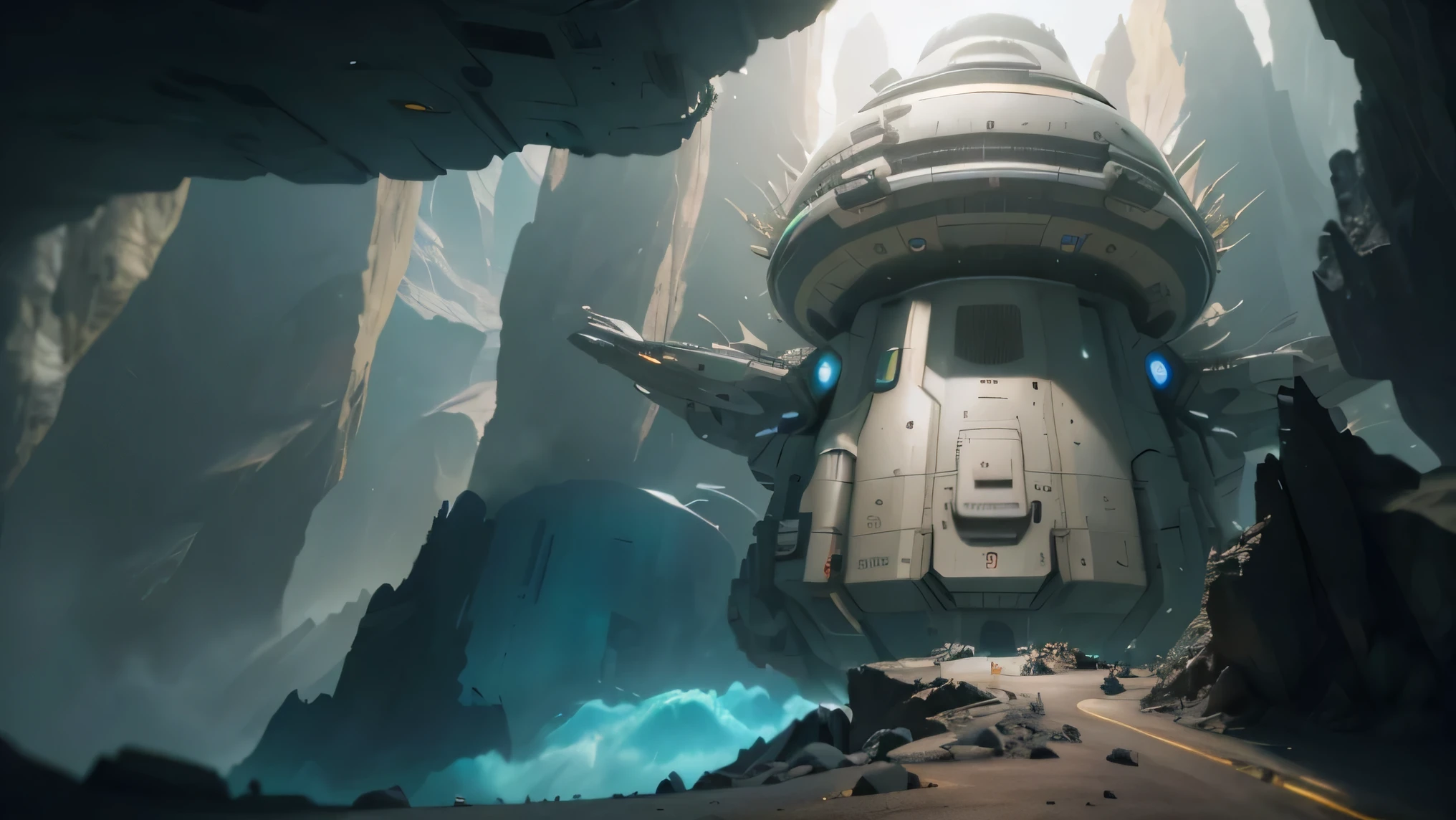 (best quality,4k,8k,highres,masterpiece:1.2),ultra-detailed,(realistic,photorealistic,photo-realistic:1.37),sci-fi:1.1,spacecraft,spaceship,starship,detailed 4k concept art,breathtaking,dystopian,abstract,surreal,cosmic abstraction,interstellar voyage,extraterrestrial encounter,mysterious,immersive,otherworldly,adventurous,high-tech,futuristic,alien civilization,mountaintop,road,trail,dark atmospheric lighting,neon lights,technological,shadows and highlights,futuristic architecture,steep cliffs,unexplored terrain,mesmerizing,secretive,hidden structures,colorful,starlit sky,deep space,ethereal,awe-inspiring scenery,textured surfaces,intricate details,metallic reflections,reimagined future,8k concept art,dystopian cityscape,dreamlike environment,portals,grandeur,imaginative scenery,alien landscape,impressive,unique perspective