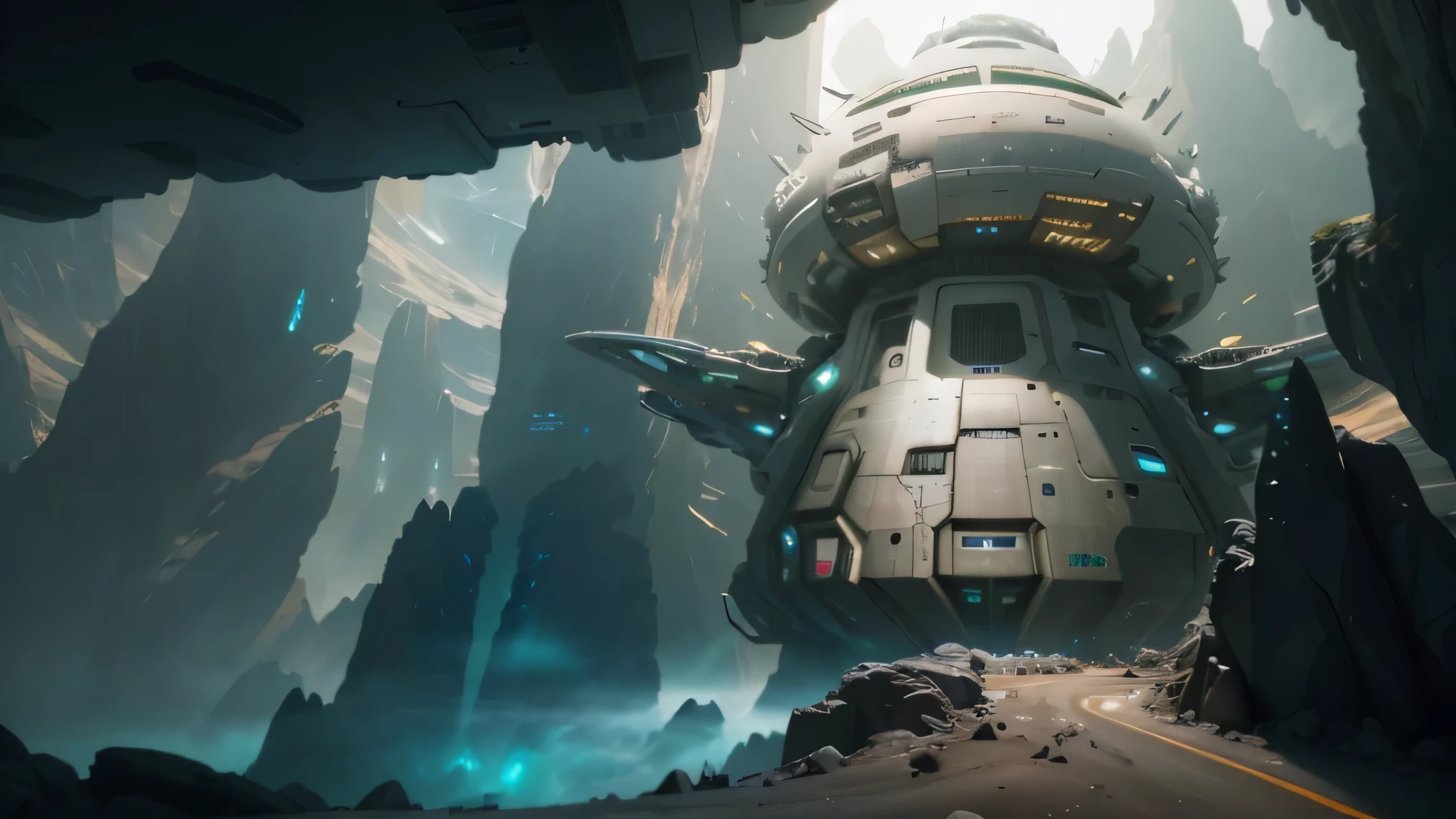 (best quality,4k,8k,highres,masterpiece:1.2),ultra-detailed,(realistic,photorealistic,photo-realistic:1.37),sci-fi:1.1,spacecraft,spaceship,starship,detailed 4k concept art,breathtaking,dystopian,abstract,surreal,cosmic abstraction,interstellar voyage,extraterrestrial encounter,mysterious,immersive,otherworldly,adventurous,high-tech,futuristic,alien civilization,mountaintop,road,trail,dark atmospheric lighting,neon lights,technological,shadows and highlights,futuristic architecture,steep cliffs,unexplored terrain,mesmerizing,secretive,hidden structures,colorful,starlit sky,deep space,ethereal,awe-inspiring scenery,textured surfaces,intricate details,metallic reflections,reimagined future,8k concept art,dystopian cityscape,dreamlike environment,portals,grandeur,imaginative scenery,alien landscape,impressive,unique perspective