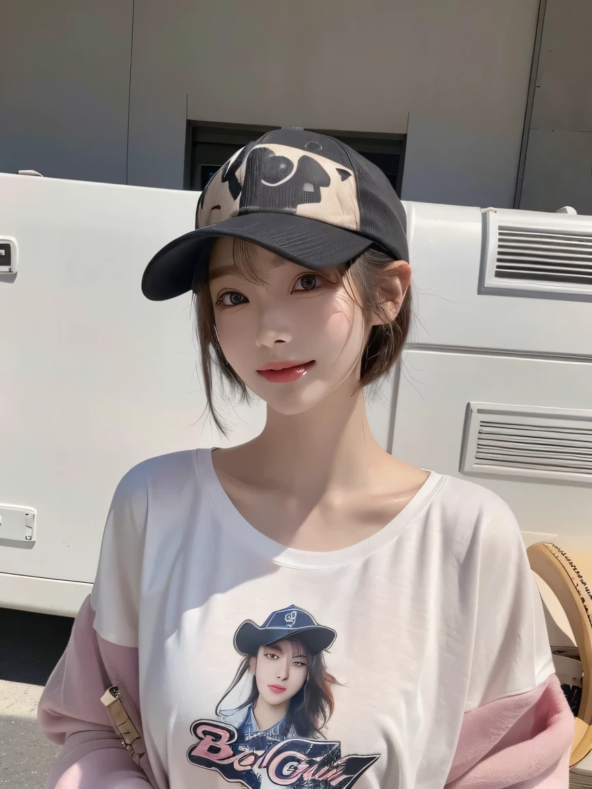 Best image quality、original photo、ultra high resolution、21 years old Korean、small breasts、dynamic angle、Cowboy shooting、The most beautiful form of chaos、elegant、Innovative design、bright colors、,light brown short hair、disheveled hair、light brown eyes 、black baseball cap(Facial expressionSmile)、short bob、Smile、Fair and shiny skin、beautiful eyes，random colors、The details are very beautiful、thin lips、Delicate and beautiful eyes、elongated eyes、Pale pink cheeks、long eyelashes、beautiful double eyelids、eye shadow、he、White Large T-shirt Sweatshirt、baggy pants、Shot from the side、sexy pose、enlarge