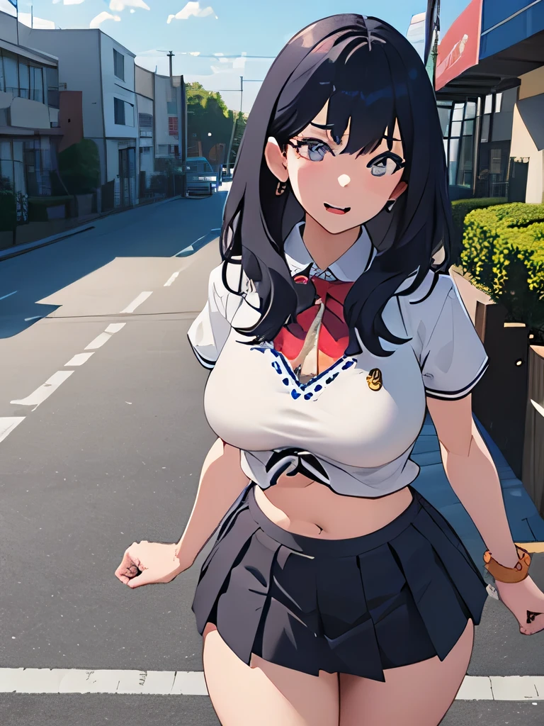 (masterpiece, best quality), 1girl, shirase sakuya, black hair, long hair, ponytail, skinny, large breasts, white collared shirt, plaid skirt, necktie,looking at viewer,  arms up,  (spread legs standing:1.1) , ,   juice,  socks, shoes,clenched teeth ,(scowl ,blush:1.2), yellow eyes, (street:1.2), night sky,