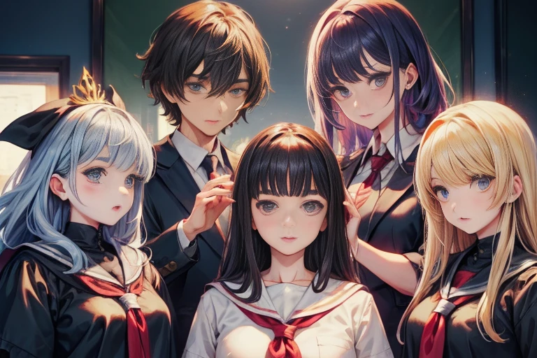 high school elder teacher and his young students, detailed faces