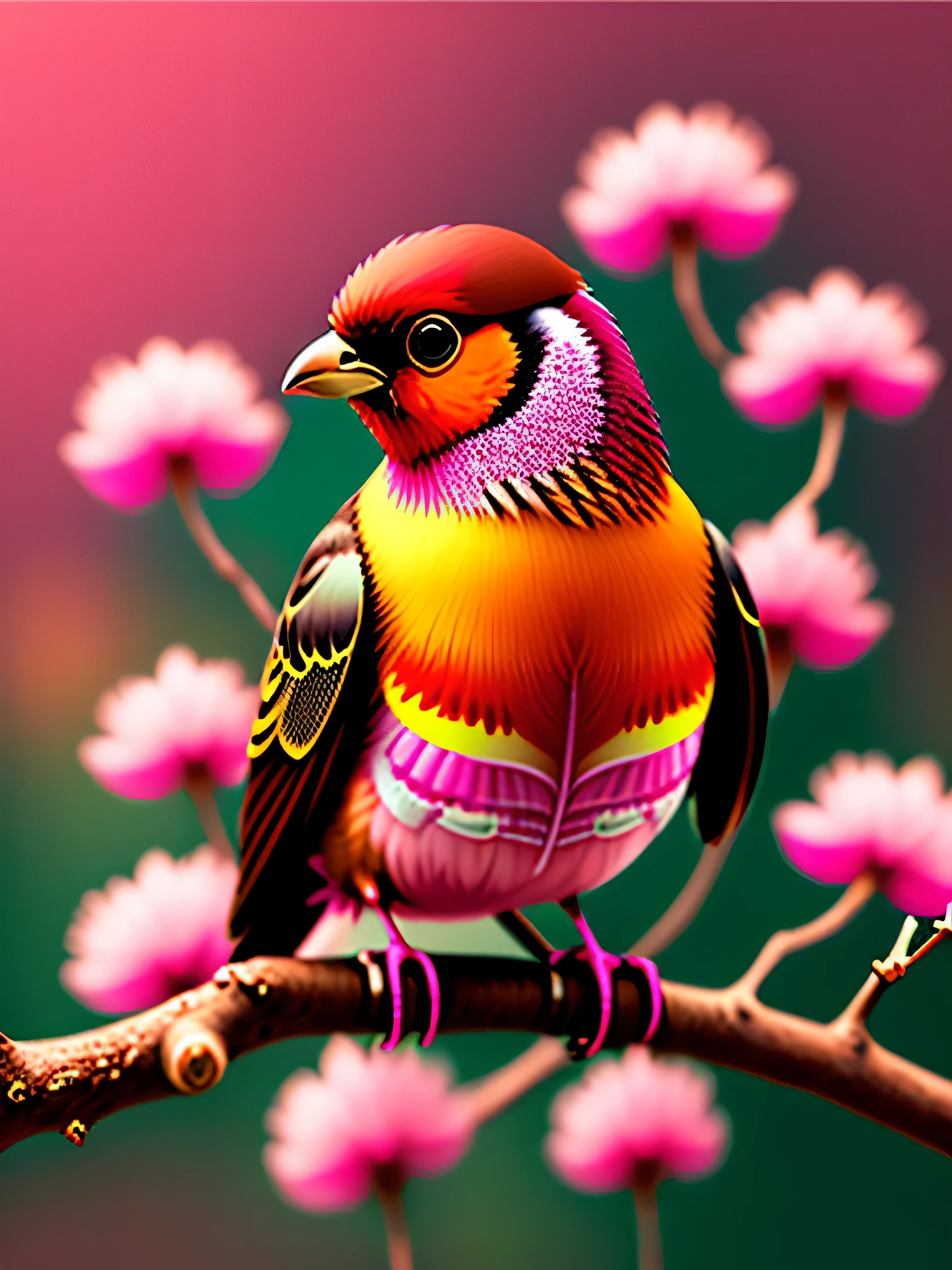 A bird perched on a branch with pink flowers, CGI art, Reddish yellow, hyperrealistic sparrows, pinterest, realistic art style, rich colors, AI generated image, highly detailed portrait, sing for you, breathtaking renderings