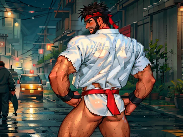 (masterpiece, highest quality:1.2), cowboy shot, back view, alone, male focus, 1 boy, Ryu \(SF\), Liar, middle aged, expression of agony, open your mouth,touch crotch, white skin, orgasm,Generalized convulsions, black hair, Blackbeard, detailed face、expensive, Hank, muscular, broad shoulders, big physics, body scars, Wearing a big white uniform, New White Jiu Jitsu Shirt, open shirt,bottomless,fundoshi,In a loincloth, red headband, fingerless gloves, At the dojo, very detailed,expression of embarrassment,blush,sweaty,Cum through clothes,Peeing through clothes,I can see your butt,show your butt