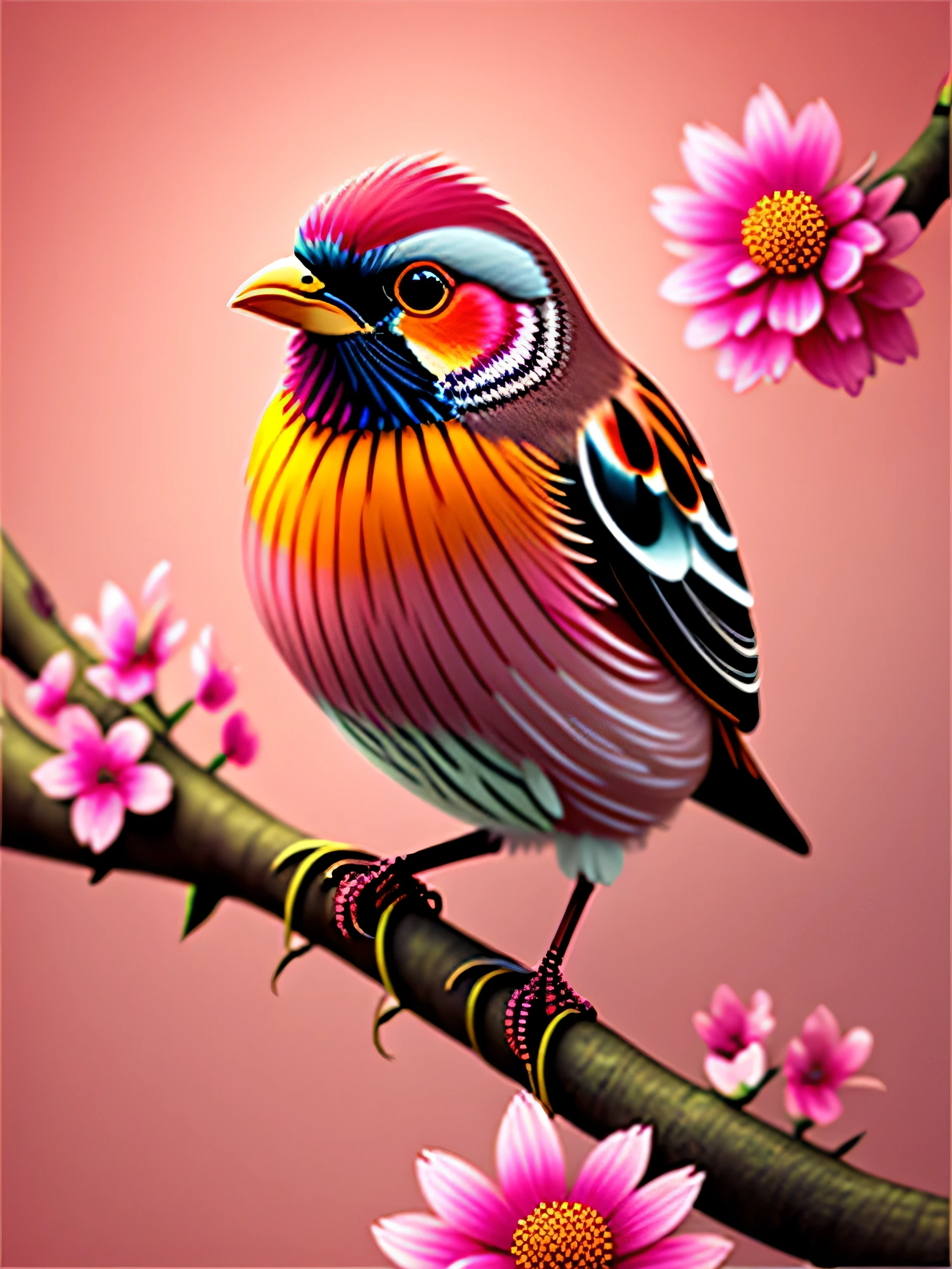 A bird perched on a branch with pink flowers, CGI art, Reddish yellow, hyperrealistic sparrows, pinterest, realistic art style, rich colors, AI generated image, highly detailed portrait, sing for you, breathtaking renderings