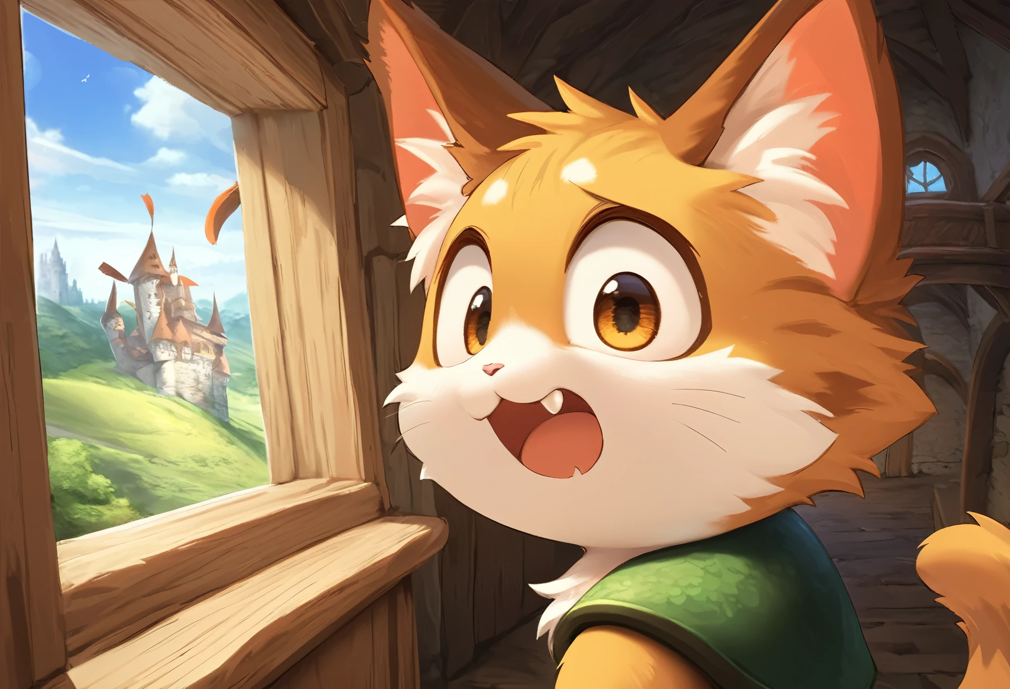 anthro, kemono, male, solo, ((chibi)), ((adventure costume:1.5)), ((domestic cat, cat) fluffy fur, fluffy), ((close up, back view)), (on inside of the medieval house), (looking outside of the window, with the view are castle from nearby), ((the window are wide, with amazing view of the outside)), detailed background, (high quality, highres, masterpiece), (dynamic lighting, vivid color), (amazed, suprised face, lift-eyebrow), close up persective, cartoon, animaginexl, vector art, flat color