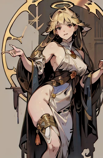 (masterpiece), (High resolution), (super delicate),,(Horror elements), bust up,((Alphonse Mucha 1.5))、blonde、very unusual hairstyle、(background:heaven、Halo decoration)
