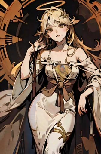(masterpiece), (High resolution), (super delicate),,(Horror elements), bust up,((Alphonse Mucha 1.5))、blonde、very unusual hairstyle、(background：heaven、Halo decoration)
