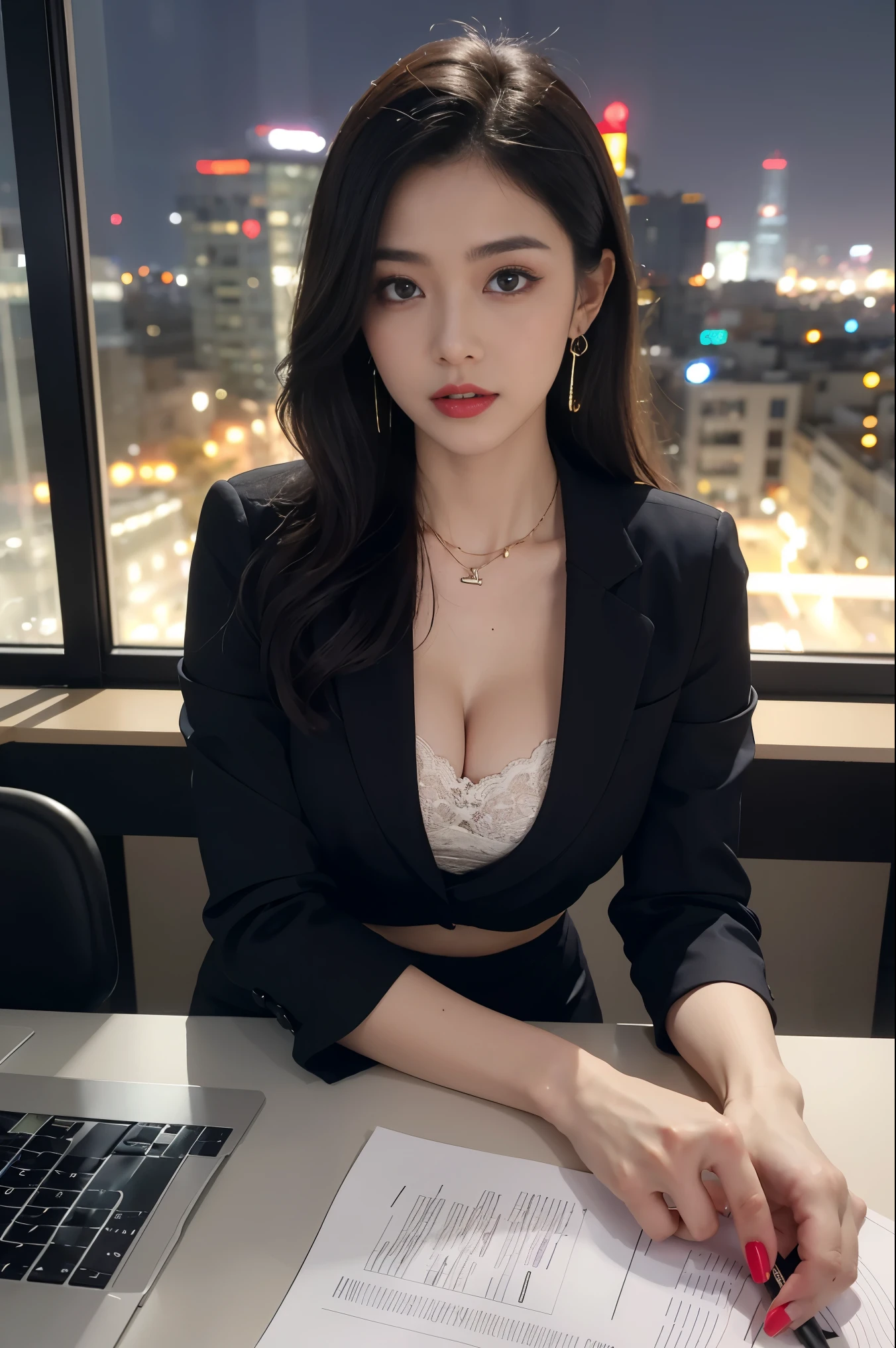 in the office,a young beautiful lady,Wear professional attire,gray blazer,Lace bandeau underwear,slit covered skirt。Bigger and wider hips,thin waist,The upper body rounder,full,Super in shape。Dressed up with jewelry,necklace,earrings,watch,High heel,black stockings。Painted with light makeup,beautiful eyeeautiful lips,very beautiful,Very temperamental。at desk,camel toe,Look at the file,With computer and keyboard。Background modern city office buildings,Very modern,There a lot of space,Outside the window the night view of the city,Modern Shanghai city night view。8 p.m,City neon lights flashing。Professional lighting effectovie shot,intricate details,The best resolution,masterpiece。Complete fingers,intricate details