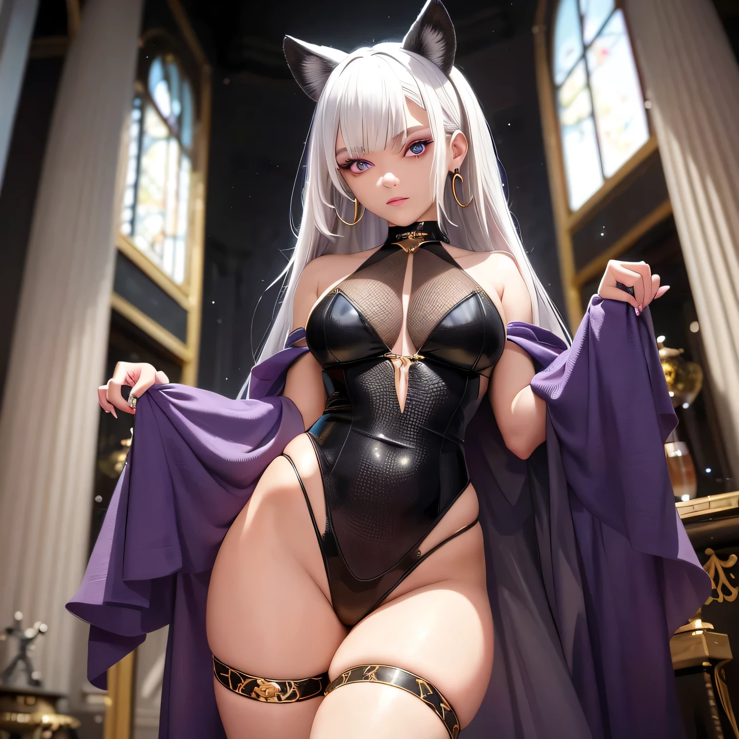 A girl with a collar of straight white hair cascading down her dark skin, showcasing her Latin ancestry, catches one's attention with her mesmerizing purple irises. She exudes an aura of confidence as she dons a sleek black tactical suit interwoven with delicate golden threads, accentuating her every move. Adding a touch of elegance, she wears striking gold snake-shaped earrings that dangle gracefully from her ears. The artist has paid meticulous attention to detail, crafting intricate and captivating eyes and a facial structure that captivates the viewer. Her complex grunge-inspired attire adds depth to the overall composition, while the use of cinematic lighting elevates the scene to a realm of realism. With a strong backlight creating a stunning backdrop,