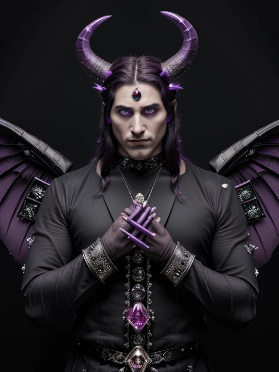 A giant, legendary monster with purple eyes. He has a firm face with three horns. Each horn is made of a different material, diamonds, rubies and emeralds. He has four wings of black and burgundy. He holds in his left hand a sword made of black emeralds studded with diamonds, and in his right hand there is a ring with magical power. 