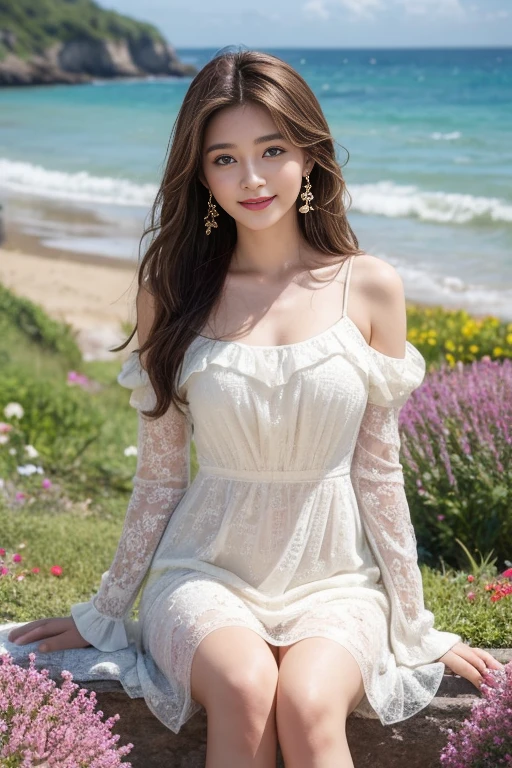 1 girl, hairpin, earrings, jewelry, brown hair, looking at the audience, lips, playful, Sit in front of the artboard, , thigh, whole body, In the sea of flowers or on the beach, She wore a long white dress, Slightly sideways, Hands stroke long hair, gentle eyes, Smile, As if enjoying the beauty of nature, Such photos will definitely make people feel her beautiful and innocent aura. The tone of the photo can be predominantly natural, Bright and soft, Makes people feel warm、peaceful. It seems to dance with its surroundings. Her breath is full of life and vitality, as if her whole body is venting the energy of youth. The whole picture becomes vivid because of her presence, Make people feel endless joy and vitality.