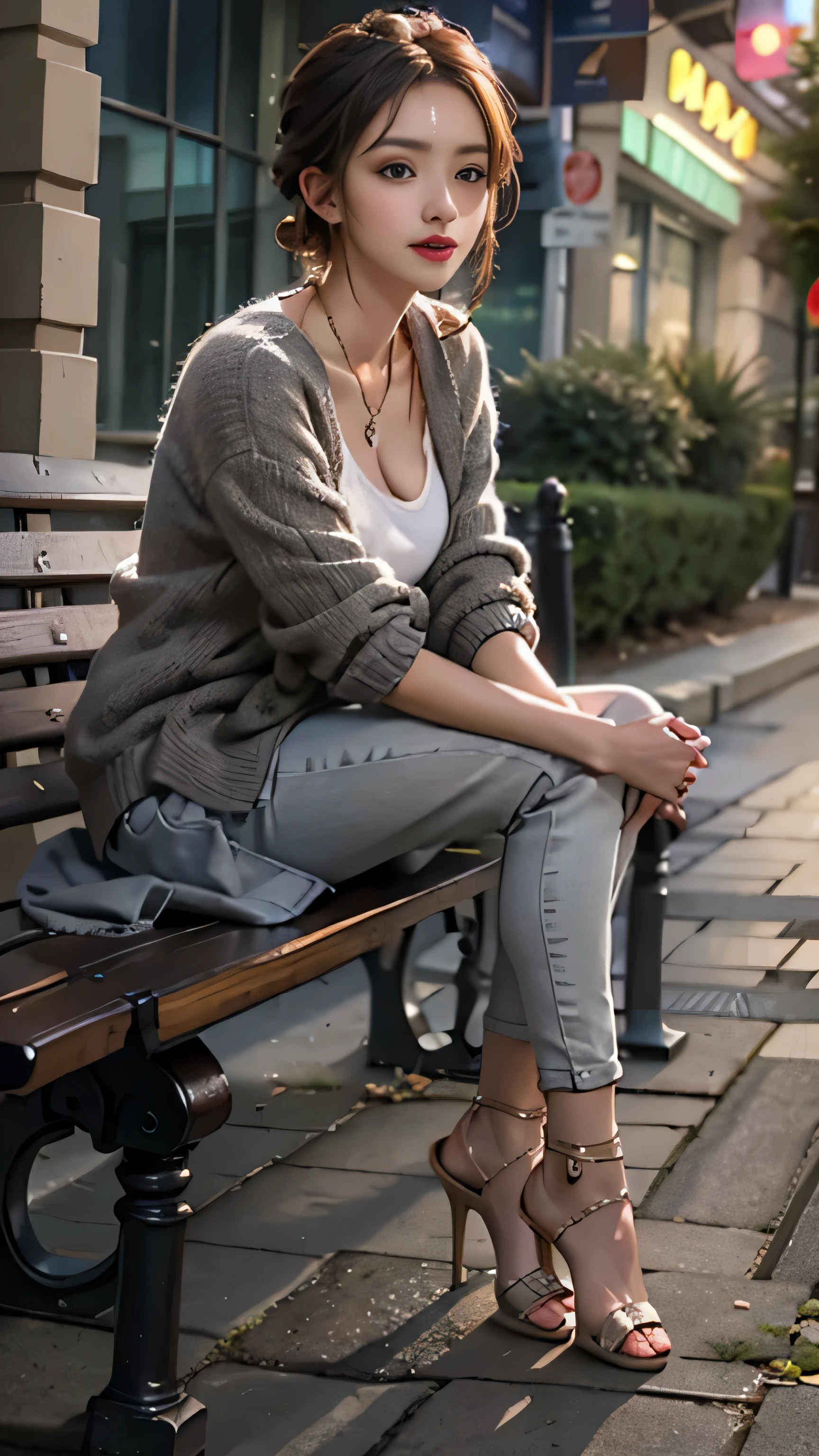 (A woman sitting on a bench)realistic, High resolution, soft light,1 female, alone, hip up, (detailed face), jewelry, streetwear, beauty model, Eyes that invite the viewer, Spouse'perspective, attractive appearance, sexy smile, perfect style, perfect balance, fine skin, naughty look, I can see your breasts、long legs
