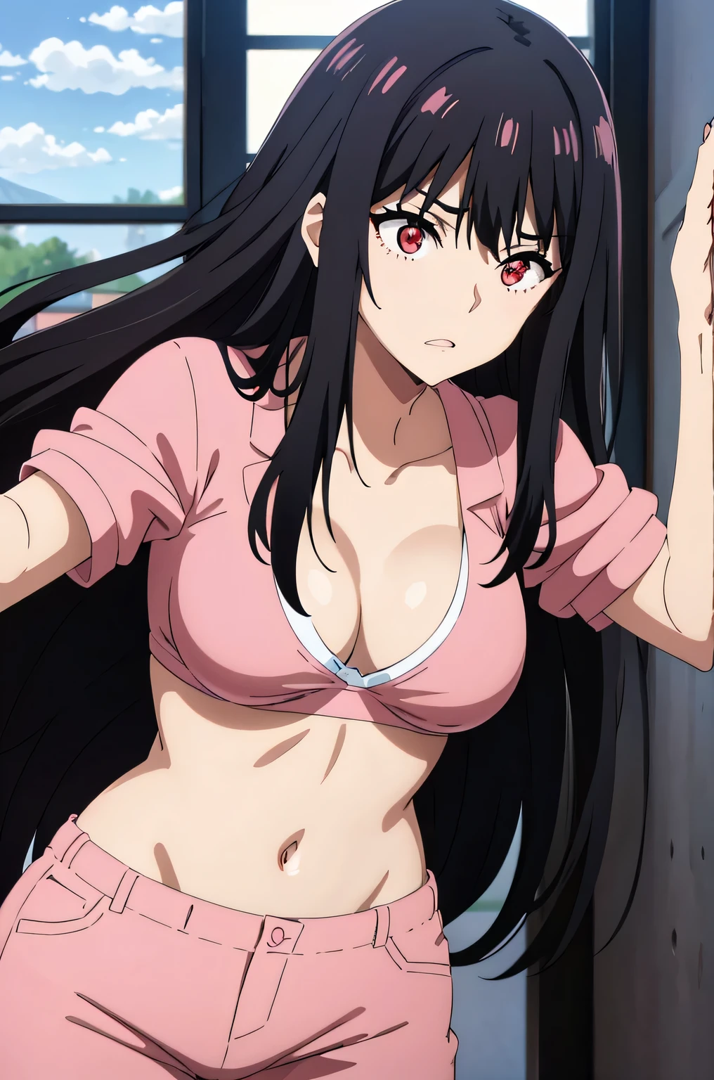 black hair,red eyes,medium breast,narrow waist,pink bra,pink pants