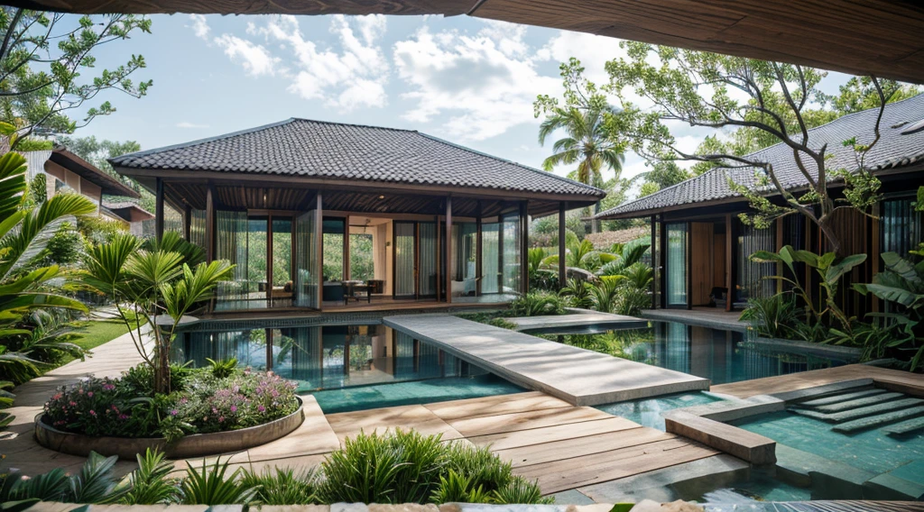 A tropical house villa with a modern exterior design and a reality-inspired landscape is a perfect getaway. (hip and valley roof), (roof tile), The villa features clean lines, open spaces, and a harmonious connection with nature. (Tropical coconut tree), The landscape is surrounded by lush tropical vegetation, including palm trees, colorful flowering plants, and tropical shrubs. The villa's landscape design aims to recreate the beauty of a natural tropical setting, including winding pathways, small ponds, and water features. The villa offers ample outdoor living spaces, including covered terraces, dining areas, and lounging areas. Sustainable features include solar panels, rainwater harvesting systems, and natural ventilation. Lighting design enhances the nighttime ambiance, and natural materials like wood, stone, and earthy tones blend harmoniously with the surroundings. Water features like swimming pools and waterfalls provide a soothing atmosphere. Outdoor entertainment facilities like barbecue areas and gazebos are also included. Privacy is ensured through strategically placed trees and natural barriers, {bright sunlight|midday}, {Best Quality|Masterpiece|best illustration|Photorealism archdaily|award winning design|photorealistic|extreme detail|Stunning|photographic render|High-fidelity|vray render|Eye-catching|Sharp edge render}, ((masterpiece)), ((best quality:1.4)),(ultra-high resolution:1.2),(realistic:1.4),(8k:1.2)