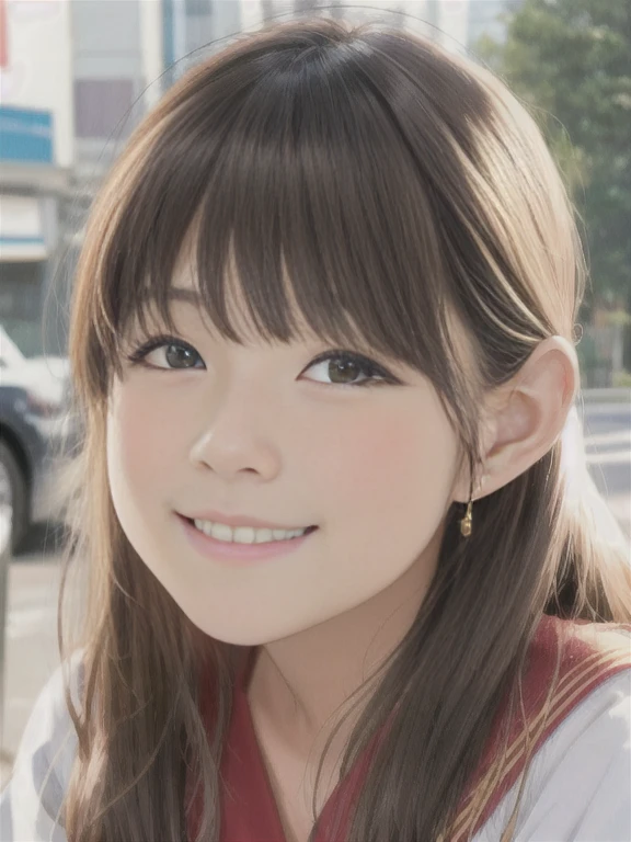 A young girl with long hair is smiling for a photo, lina koike、Rina Koike、sailor suit、bangs、Gentle texture、gentle smile、cute girl