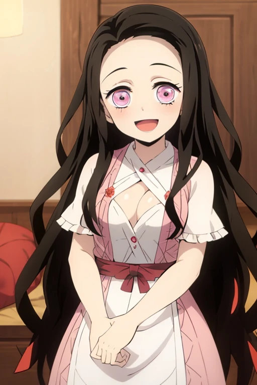 ((highest quality)), ((masterpiece)), (be familiar with), perfect face, indoor, Bedroom, looking at the viewer,
one woman, Kamado Nezuko,
open mouth, ecstatic expression, blush, smile,
small breasts, young girl, , , girl,
long hair, black hair, pink eyes, long hair,