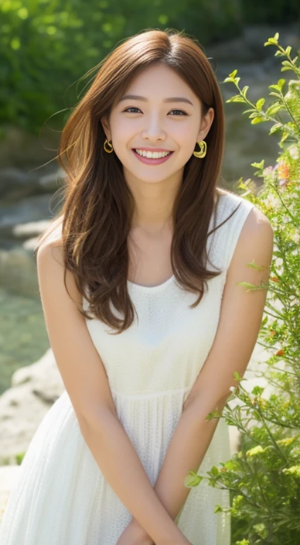 1 girl, hairpin, earrings, jewelry, brown hair, looking at the audience, lips, playful, Sit in front of the artboard, , thigh, whole body, In the sea of flowers or on the beach, She wore a long white dress, Slightly sideways, Hands stroke long hair, gentle eyes, Smile, As if enjoying the beauty of nature, Such photos will definitely make people feel her beautiful and innocent aura. The tone of the photo can be predominantly natural, Bright and soft, Makes people feel warm、peaceful. It seems to dance with its surroundings. Her breath is full of life and vitality, as if her whole body is venting the energy of youth. The whole picture becomes vivid because of her presence, Make people feel endless joy and vitality.
