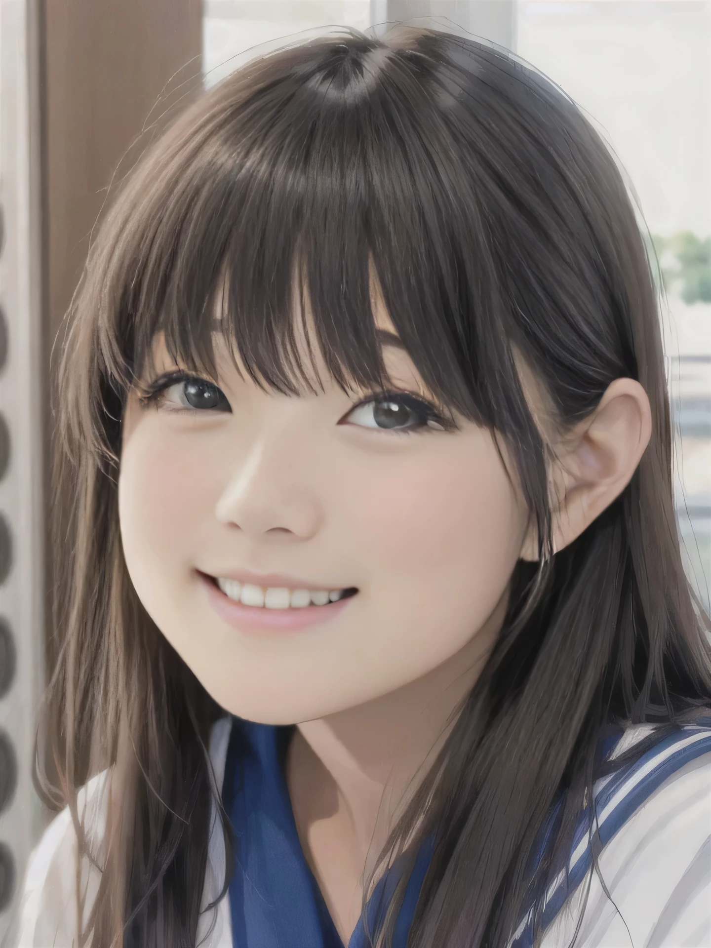 A young girl with long hair is smiling for a photo, lina koike、Rina Koike、sailor suit、bangs、Gentle texture、gentle smile、cute girl
