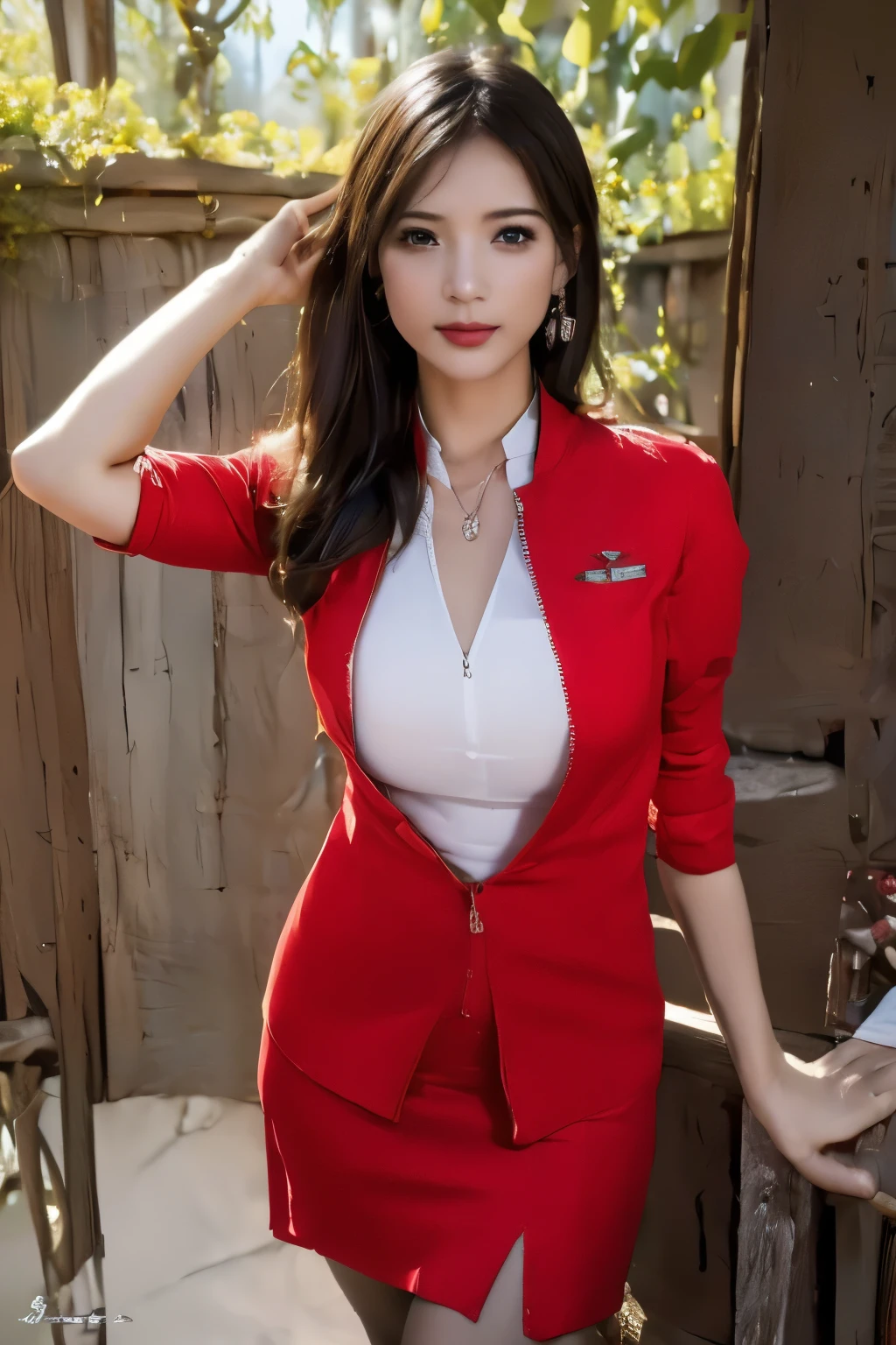(masterpiece:1.2, highest quality:1.2), 32K HDR, High resolution, (alone, 1 girl), (Realistic style of AirAsia stewardess uniform), neat woman, beautiful face, brown hair, (long hair down to waist), (red jacket:1.1, Unzipped jacket, unbuttoned white shirt:1.05, red mini skirt:1.1, pantyhose), perfect slim body:1.1, huge breasts, huge breastsの谷間, detailed skin texture, fine eyes, (fascinating look:1.2), necklace、earrings、(forward leaning posture:1.5, in an abandoned hut, Mountain),blue eyes