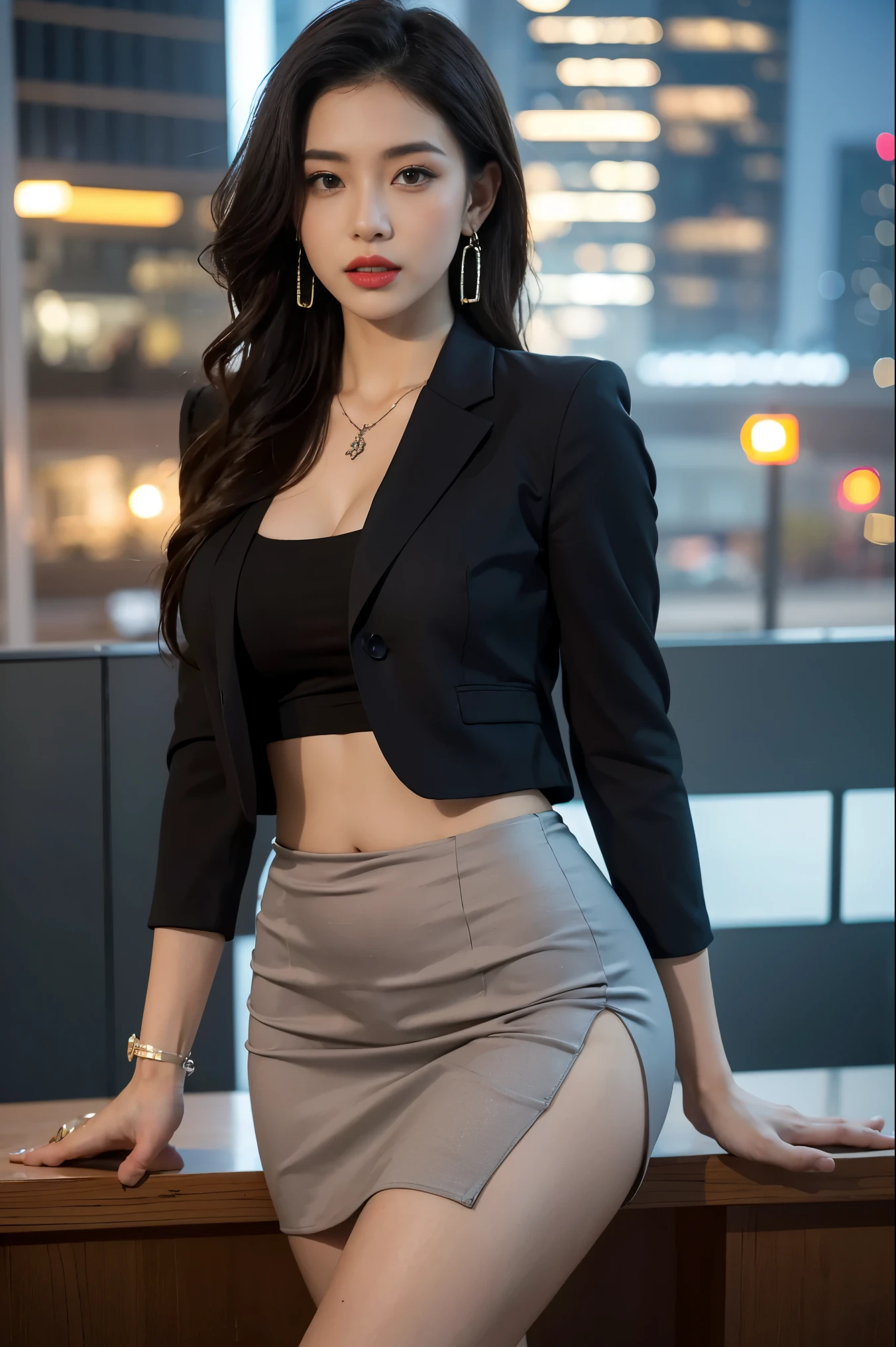 in the office,a young beautiful lady,Wear professional attire,gray blazer,Lace bandeau underwear,slit covered skirt。Bigger and wider hips,thin waist,The upper body rounder,full,Super in shape。Dressed up with jewelry,necklace,earrings,watch,High heel,black stockings。Painted with light makeup,beautiful eyeeautiful lips,very beautiful,Very temperamental。at desk,camel toe, Background modern city office buildings,Very modern,There a lot of space,Outside the window the night view of the city,Modern Shanghai city night view。8 p.m,City neon lights flashing。Professional lighting effectovie shot,intricate details,The best resolution,masterpiece。Complete fingers,intricate details