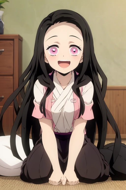 ((highest quality)), ((masterpiece)), (be familiar with), perfect face, indoor, Bedroom, looking at the viewer,
one woman, Kamado Nezuko,
open mouth, ecstatic expression, blush, smile,
small breasts, young girl, , , girl,
long hair, black hair, pink eyes, long hair,
sailor suit、black skirt