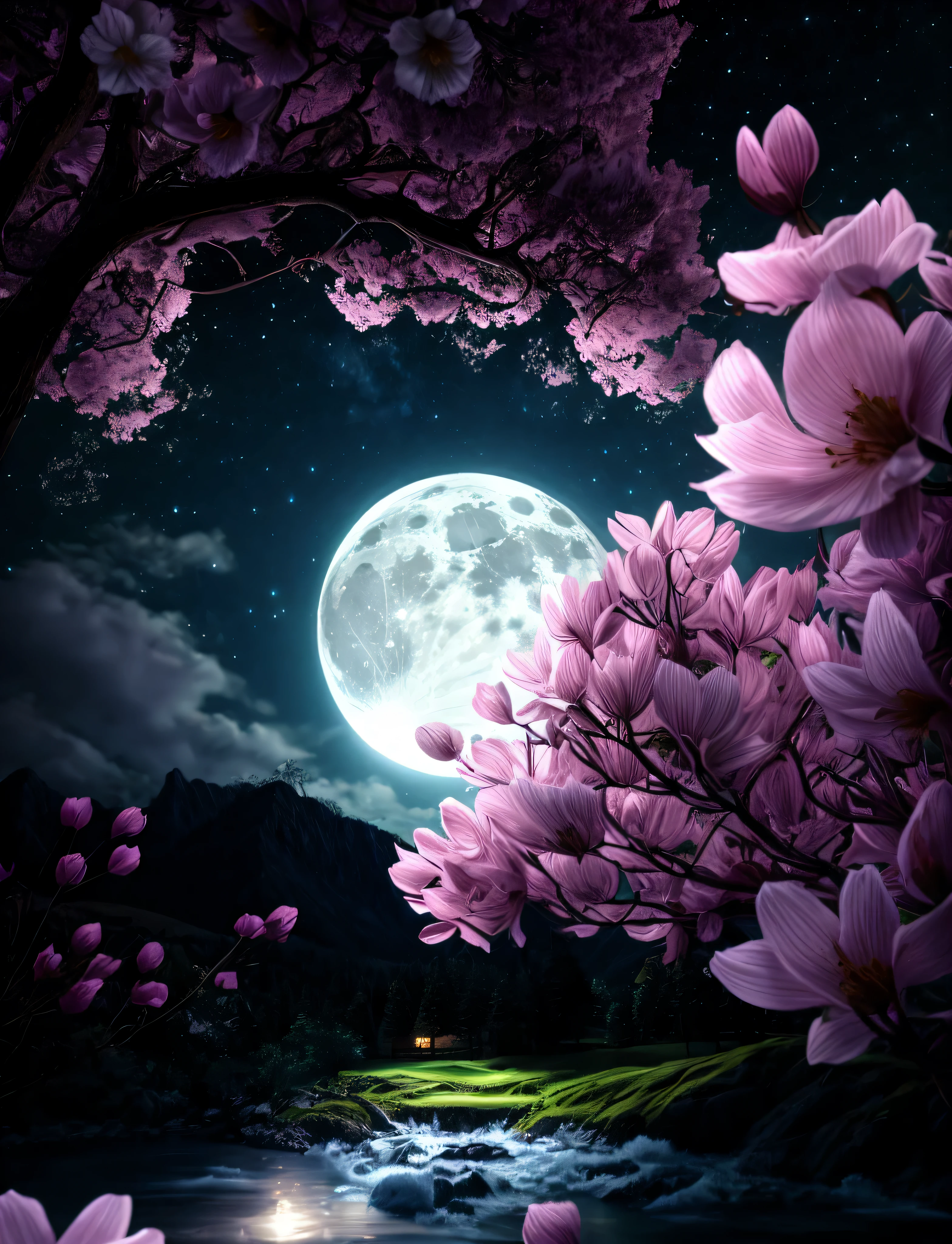 Close-up of the full moon with trees in the foreground., Beautiful moonlight night, moonlight night dreamy atmosphere, Beautiful moonlight, Pink Moon, Beautiful moonlight, background artwork, Beautiful like the moon, Stunning moonlight and shadows, soft moonlight, Very beautiful photos, moonlight night, moonlight background, The night sky is full of flowers, Beautiful anime, High resolution digital art, landscape wallpaper, High quality 8k detailed artwork., 8K vertical wallpaper, 8K vertical wallpaper, High quality wallpaper