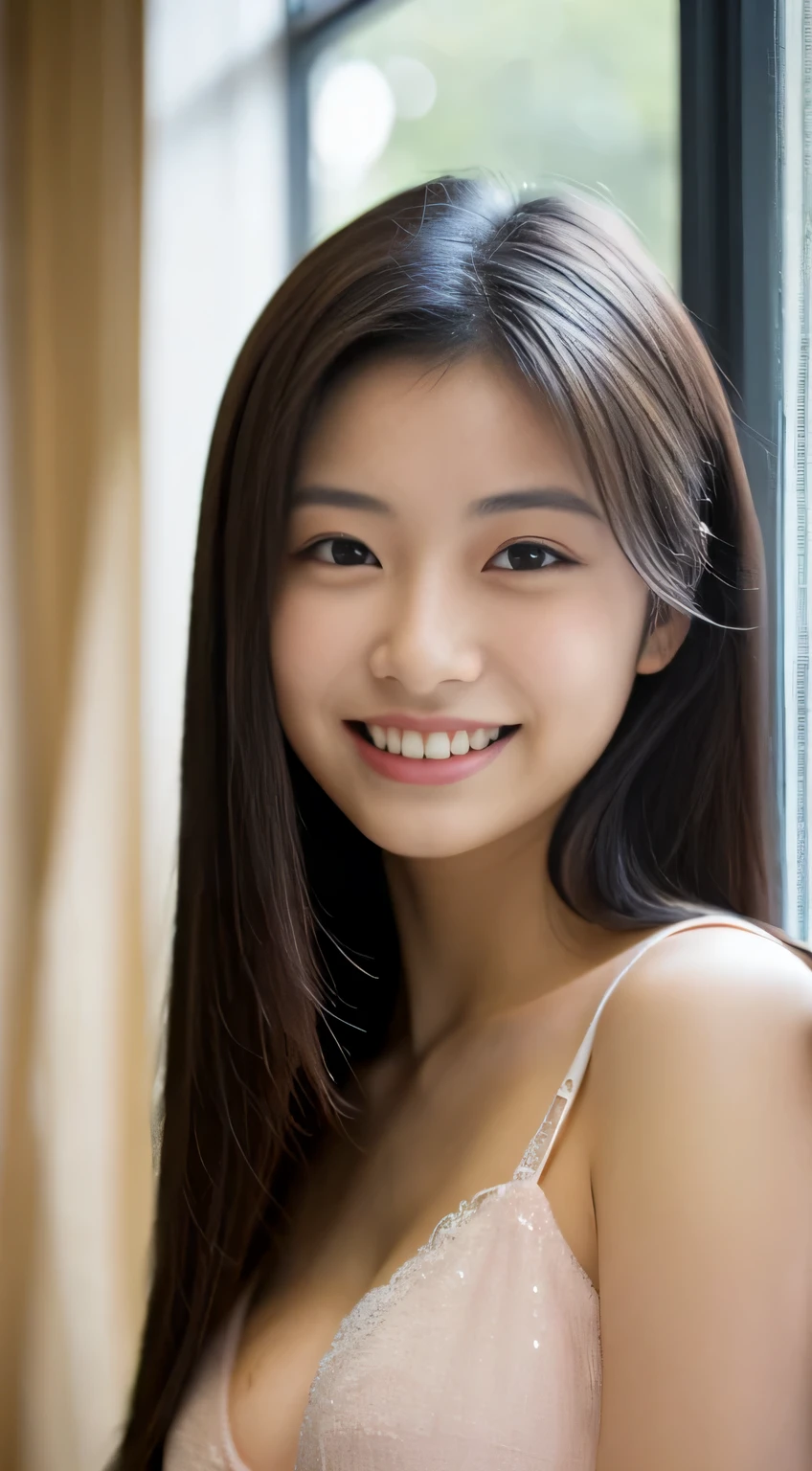 masterpiece,best quality,(Japanese ),((Beautiful girl)),cleavage,indoor,(perfect body beauty:1.2),(shy smile),beautiful teeth,